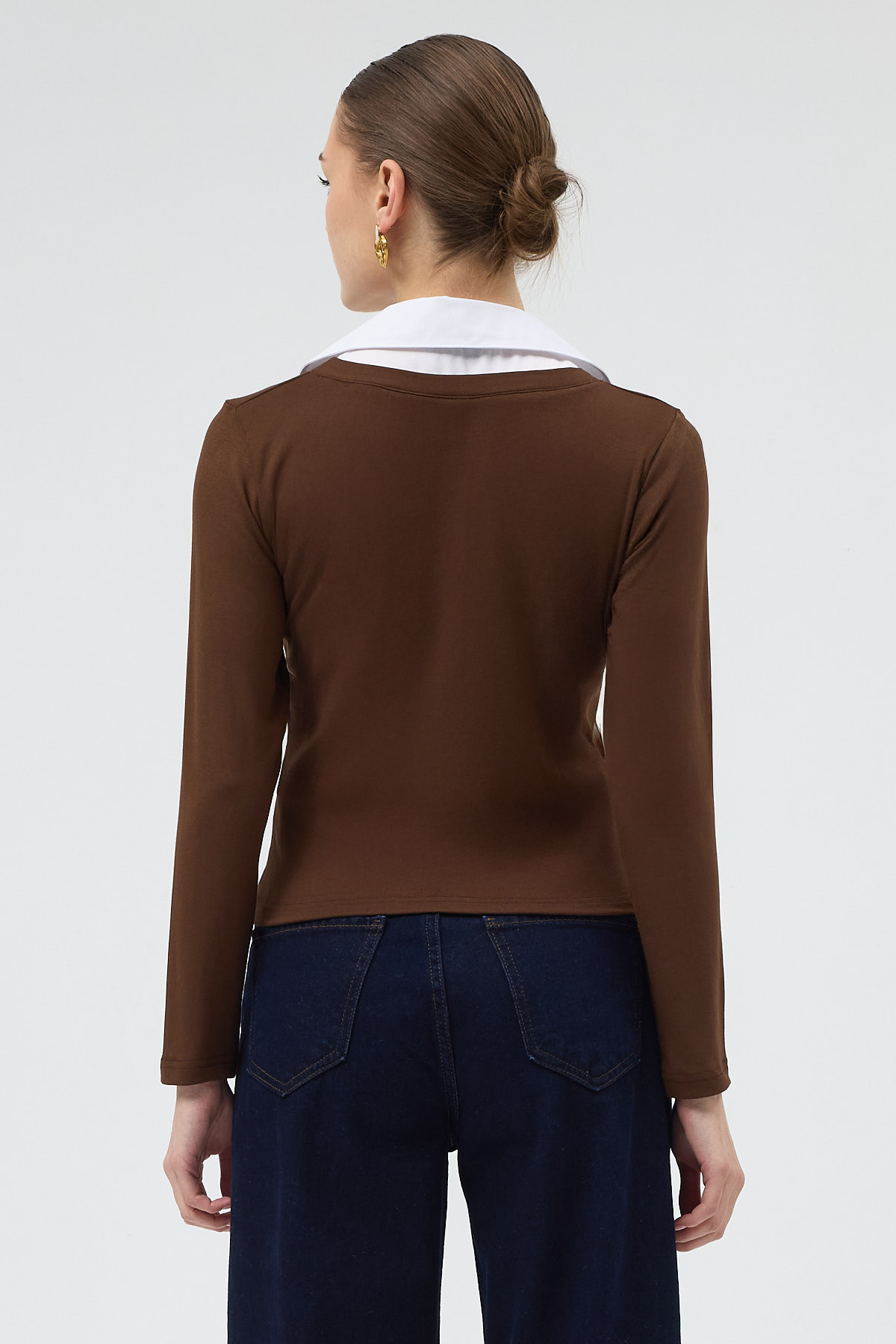 Kahverengi Yumuşak Dokulu Gömlek Yaka Görünümlü Bluz 8198A - 5