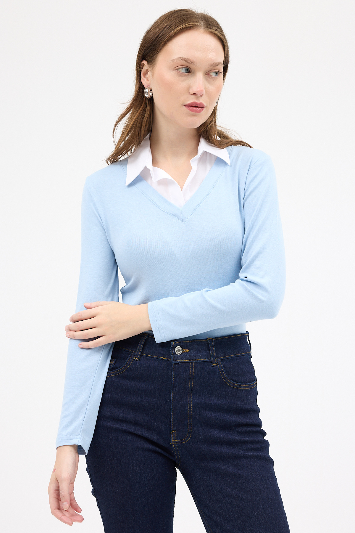 Mavi Yumuşak Dokulu Gömlek Yaka Görünümlü Bluz 8198A - RAYS