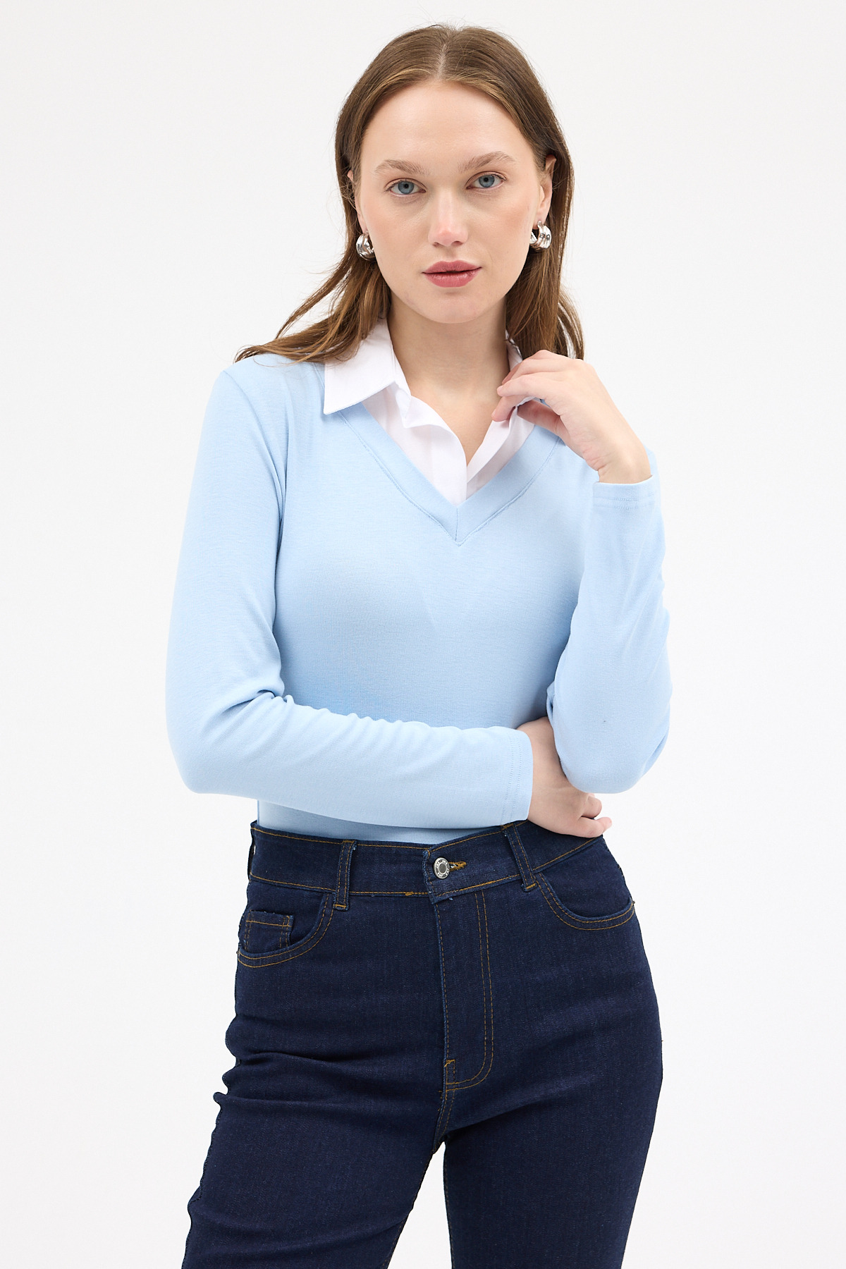 Mavi Yumuşak Dokulu Gömlek Yaka Görünümlü Bluz 8198A - 7