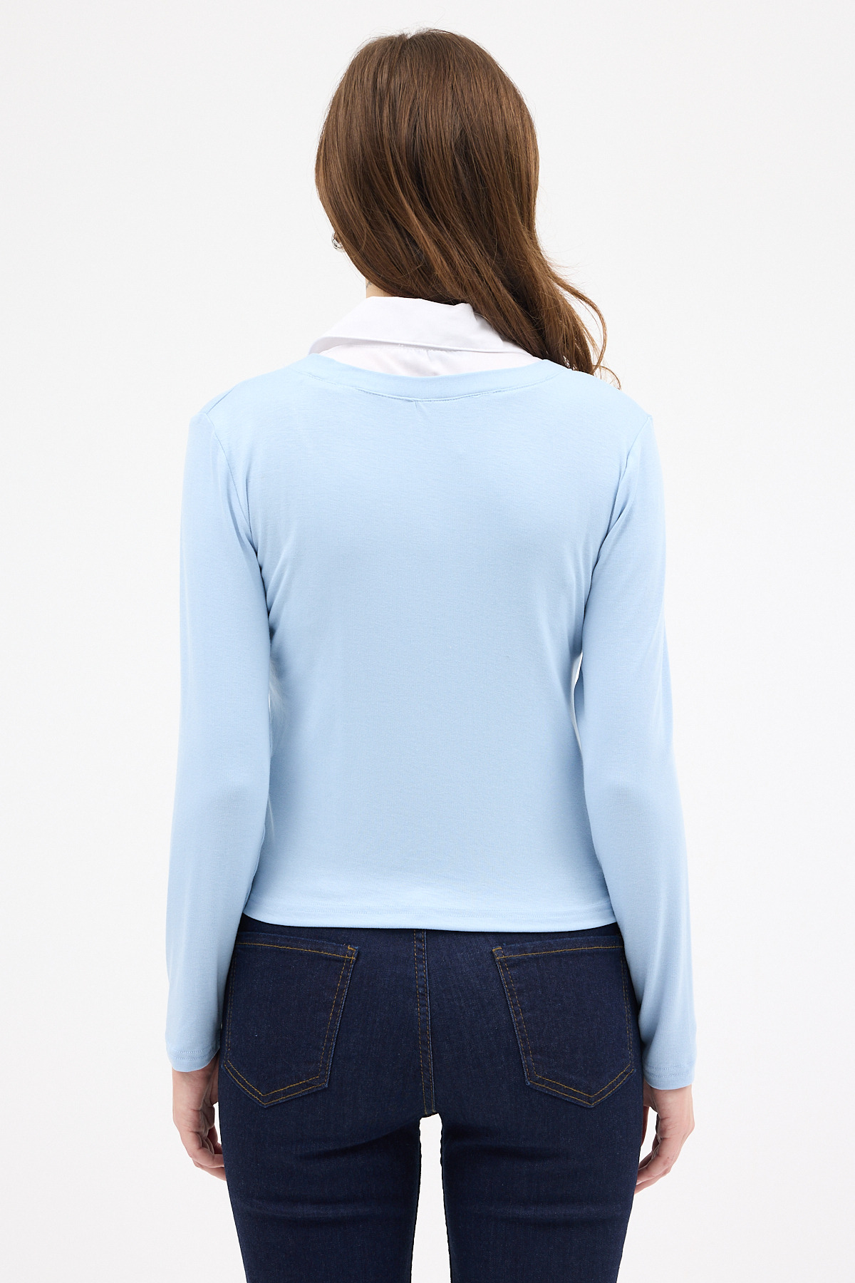 Mavi Yumuşak Dokulu Gömlek Yaka Görünümlü Bluz 8198A - 5