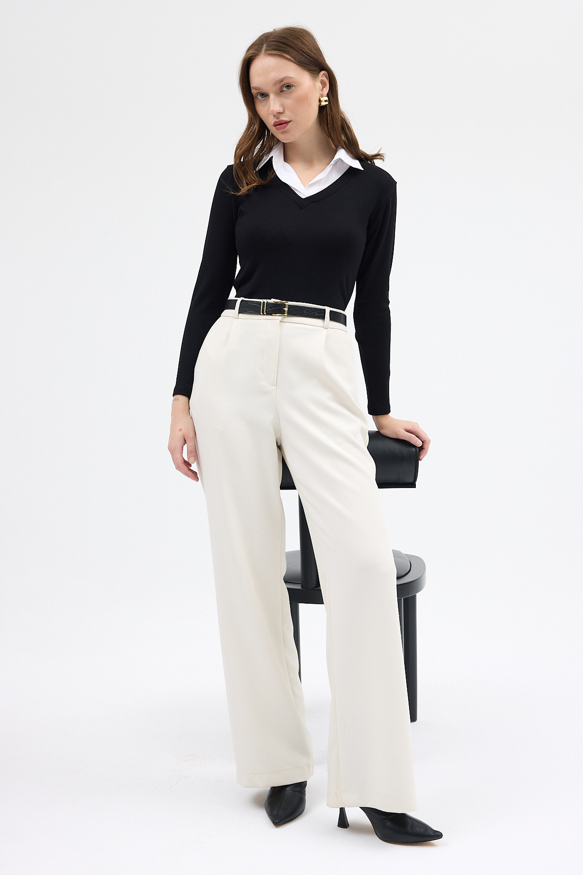 Siyah Yumuşak Dokulu Gömlek Yaka Görünümlü Bluz 8198A - RAYS