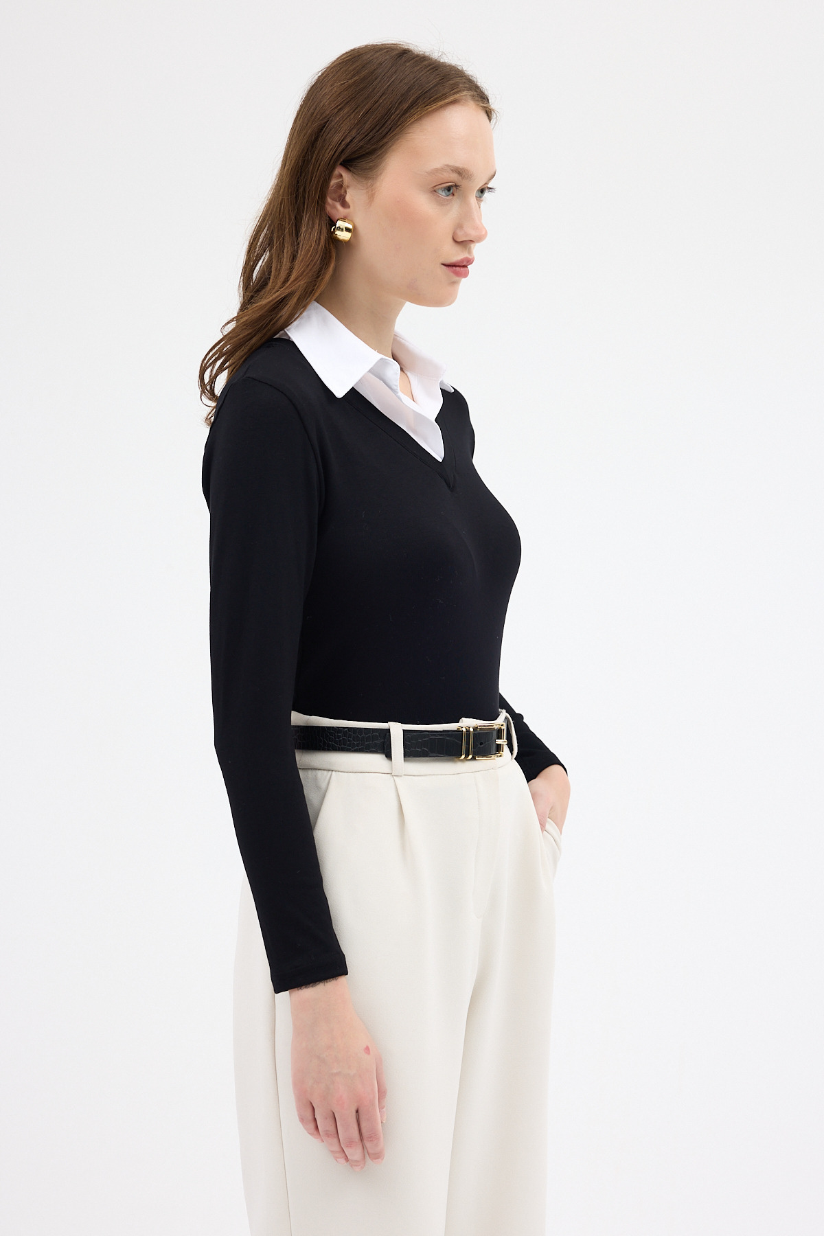 Siyah Yumuşak Dokulu Gömlek Yaka Görünümlü Bluz 8198A - 3