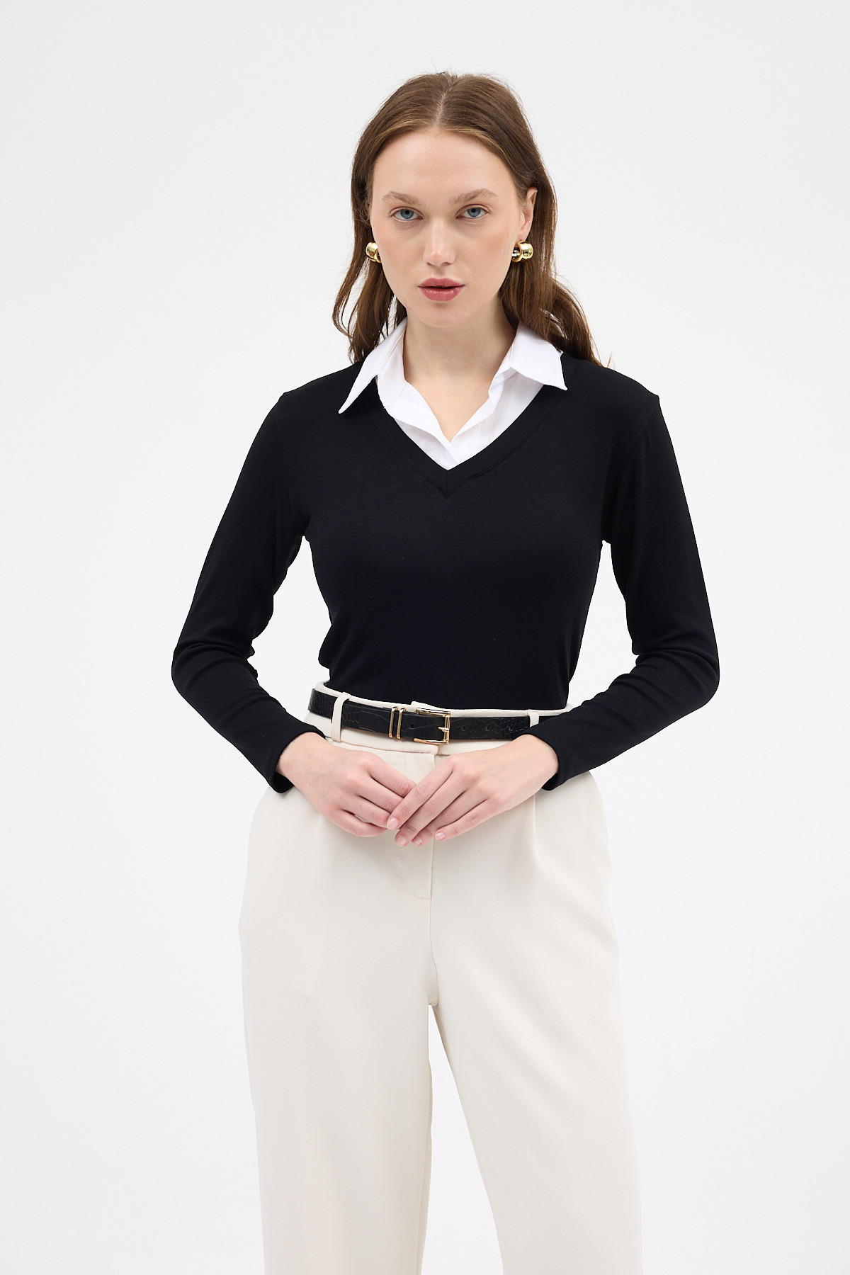 Siyah Yumuşak Dokulu Gömlek Yaka Görünümlü Bluz 8198A - 2