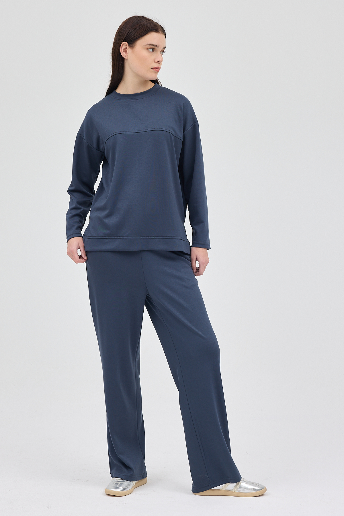 Antrasit Bisiklet Yaka Kadın Pantolon Takım 8213A - RAYS