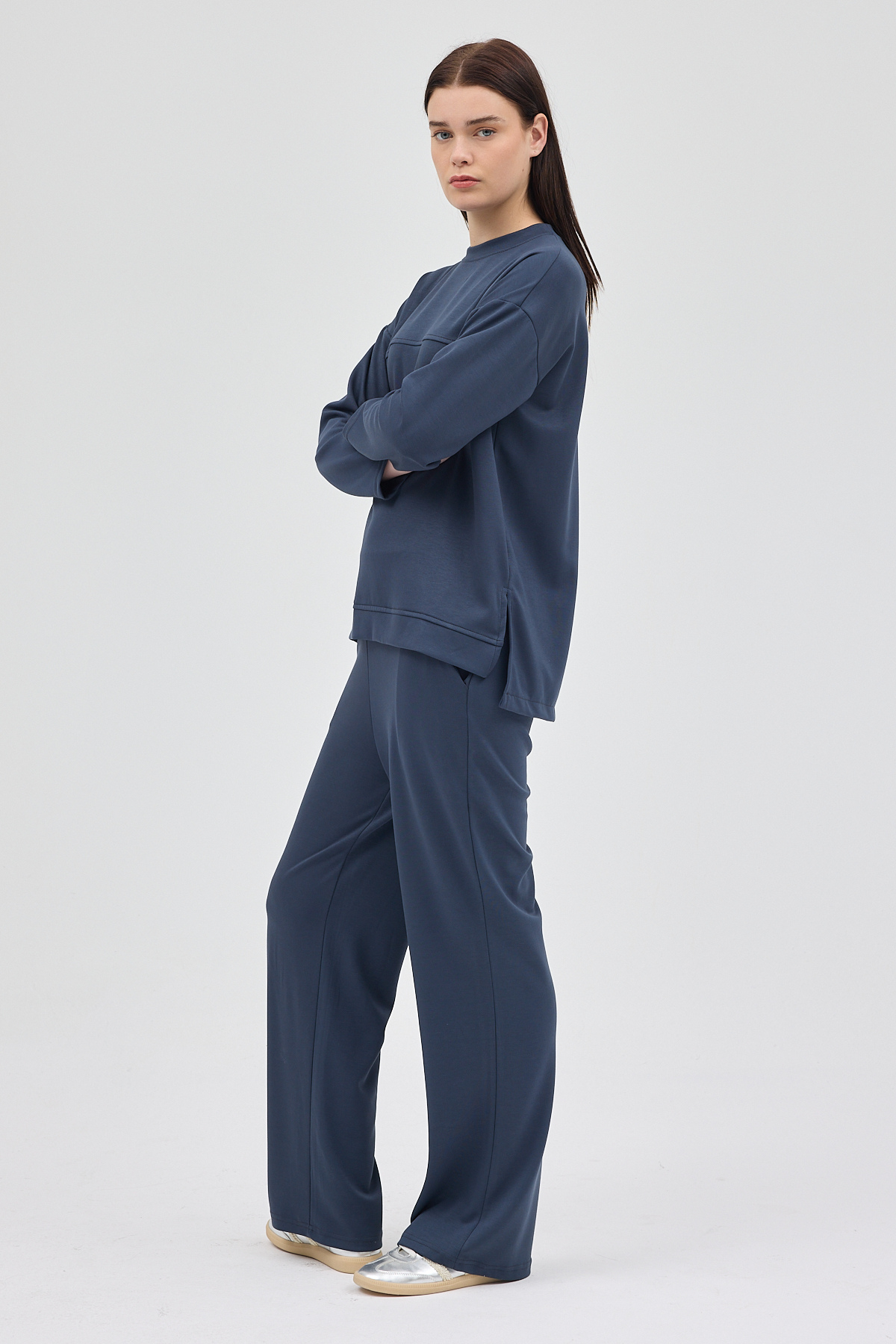 Antrasit Bisiklet Yaka Kadın Pantolon Takım 8213A - 8