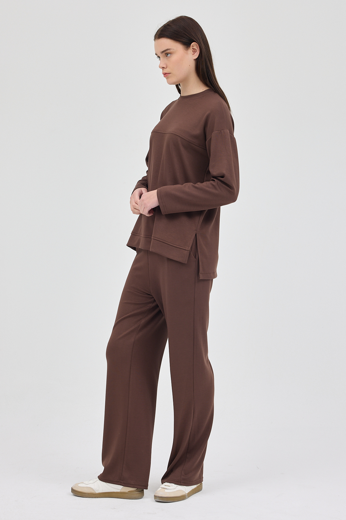 Kahve Bisiklet Yaka Kadın Pantolon Takım 8213A - 7
