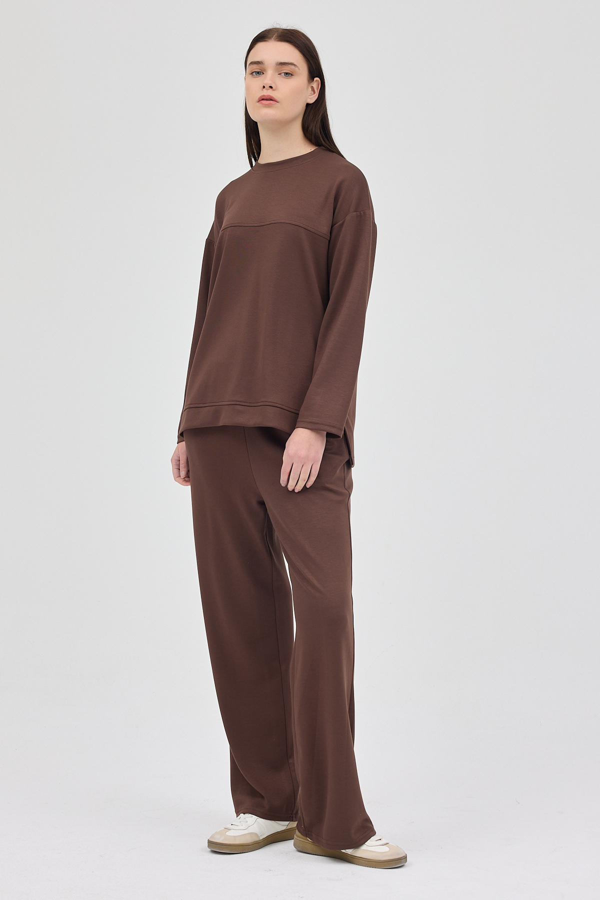 Kahve Bisiklet Yaka Kadın Pantolon Takım 8213A - 8