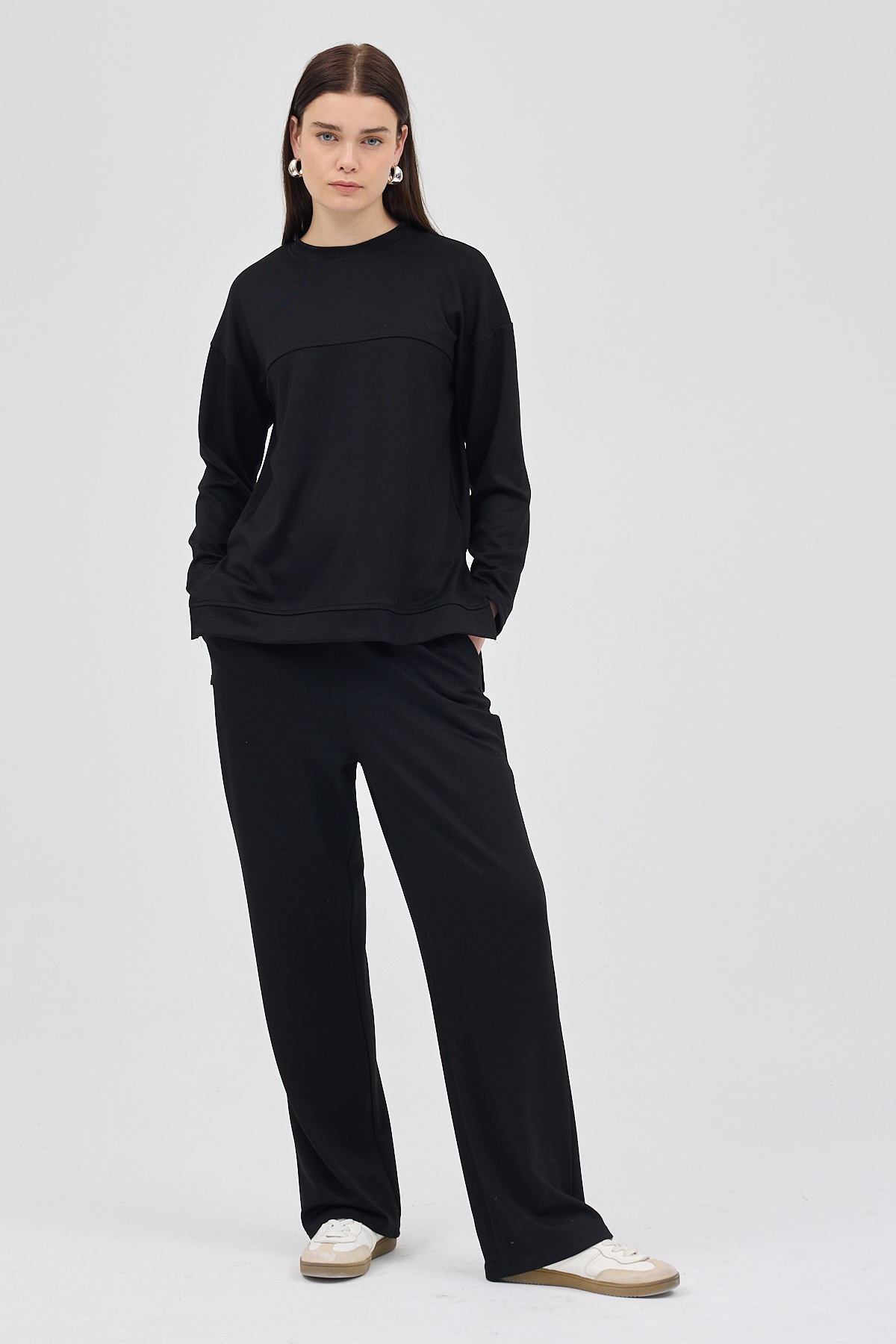 Siyah Bisiklet Yaka Kadın Pantolon Takım 8213A - 3