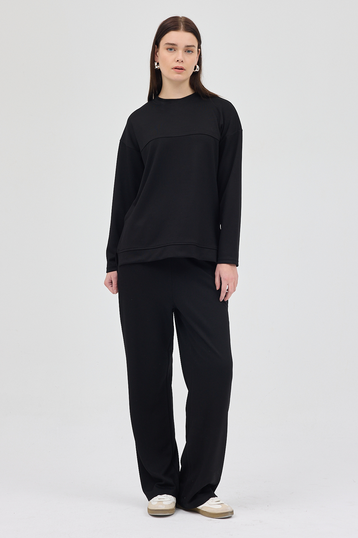 Siyah Bisiklet Yaka Kadın Pantolon Takım 8213A - 8