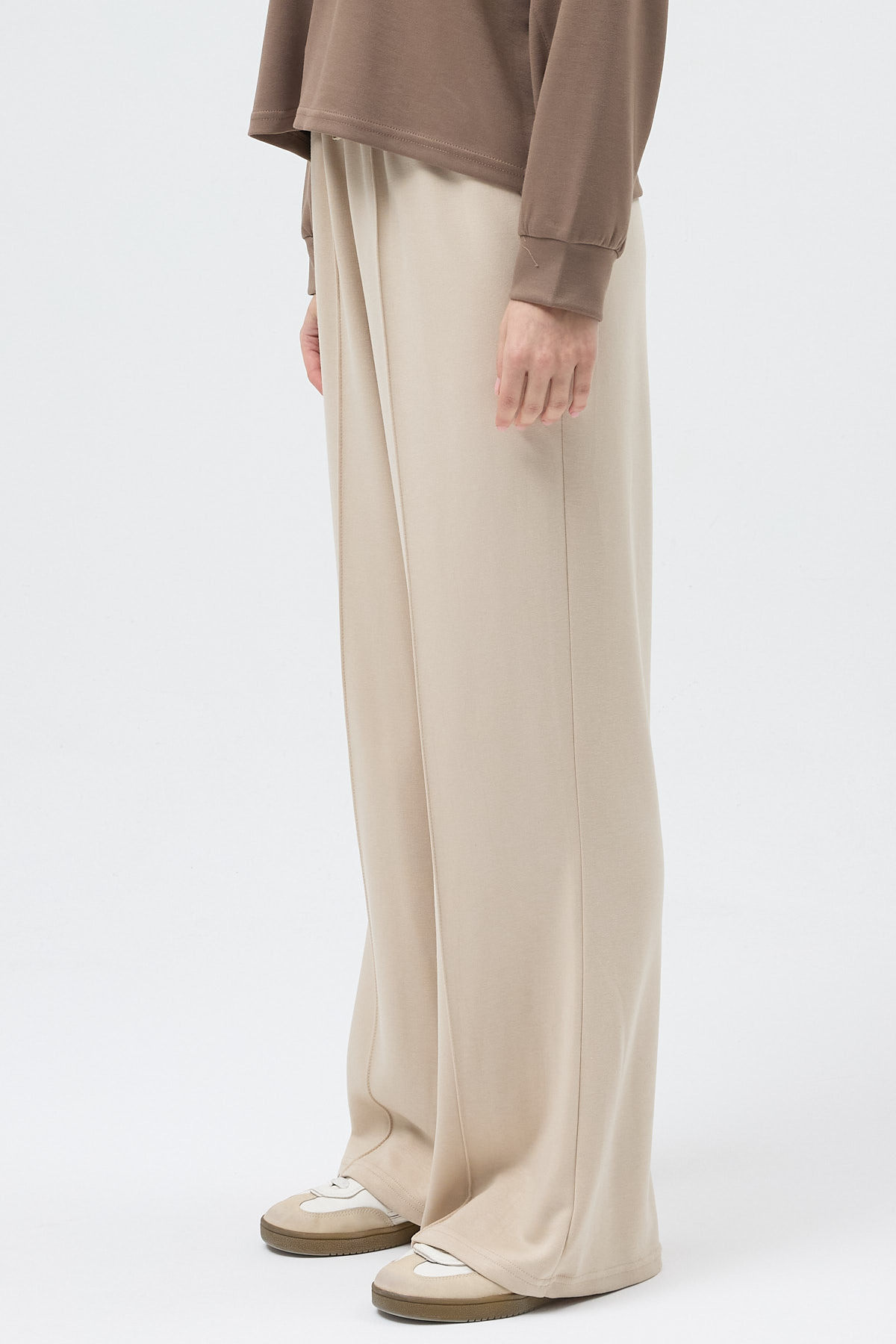 Bej Bel Lastikli Geniş Paça Kadın Eşofman Altı 9218M - 3