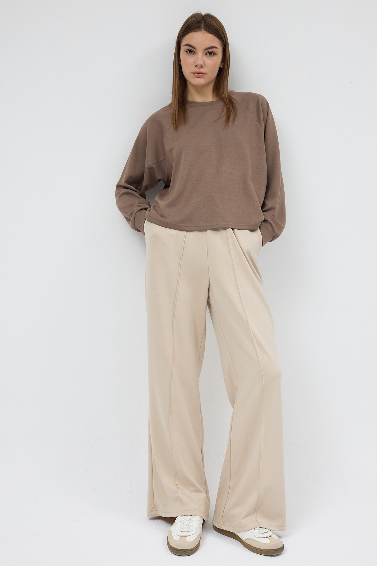 Bej Bel Lastikli Geniş Paça Kadın Eşofman Altı 9218M - 6