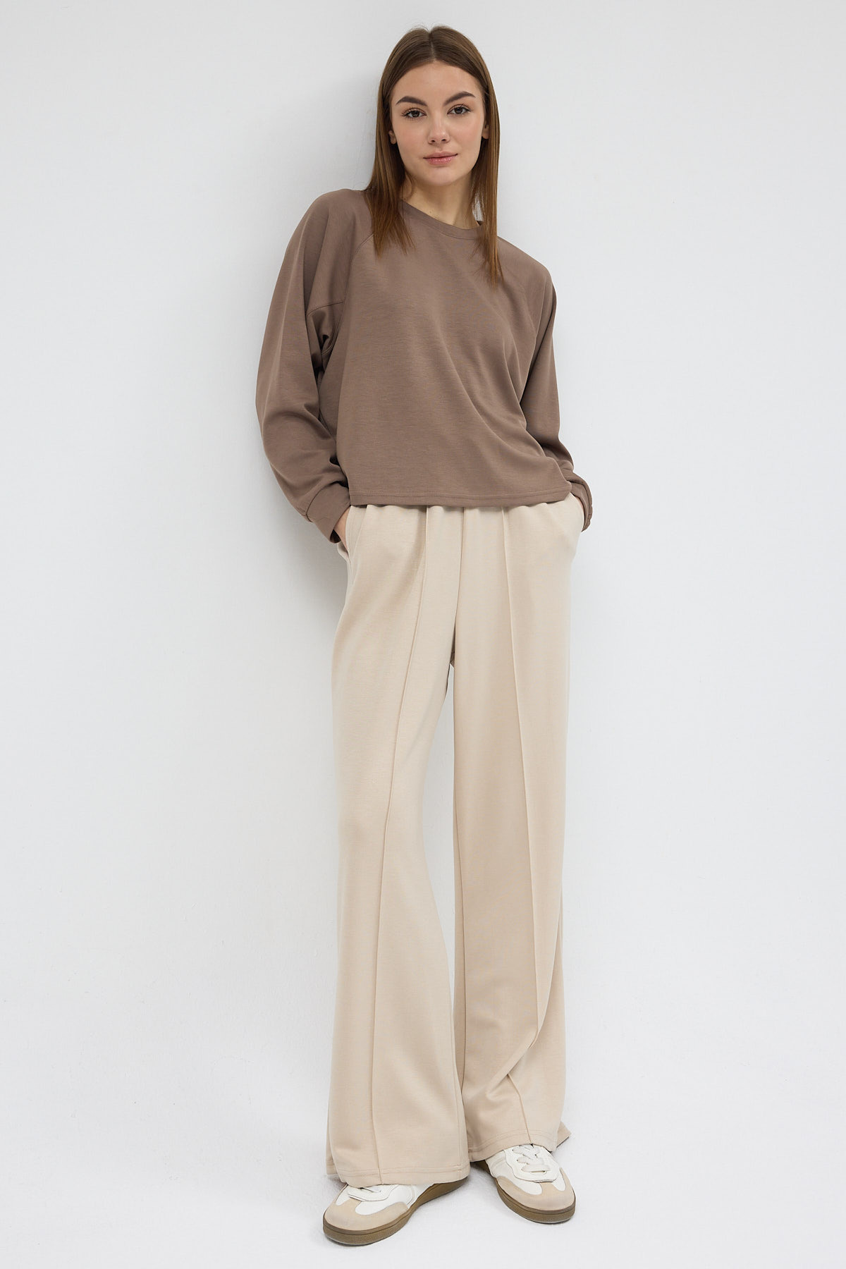 Bej Bel Lastikli Geniş Paça Kadın Eşofman Altı 9218M - 1