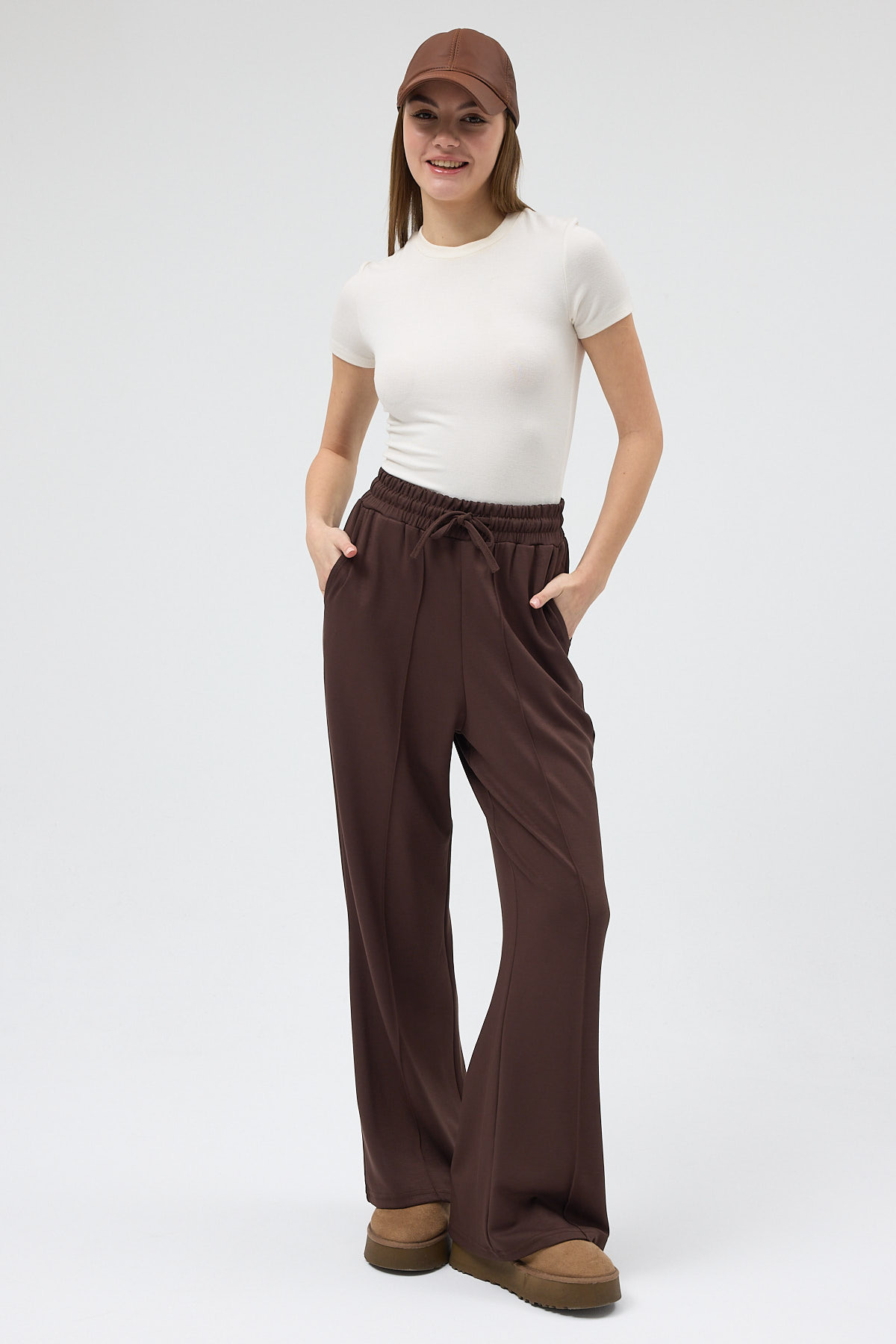 Kahverengi Bel Lastikli Geniş Paça Kadın Eşofman Altı 9218M - 7
