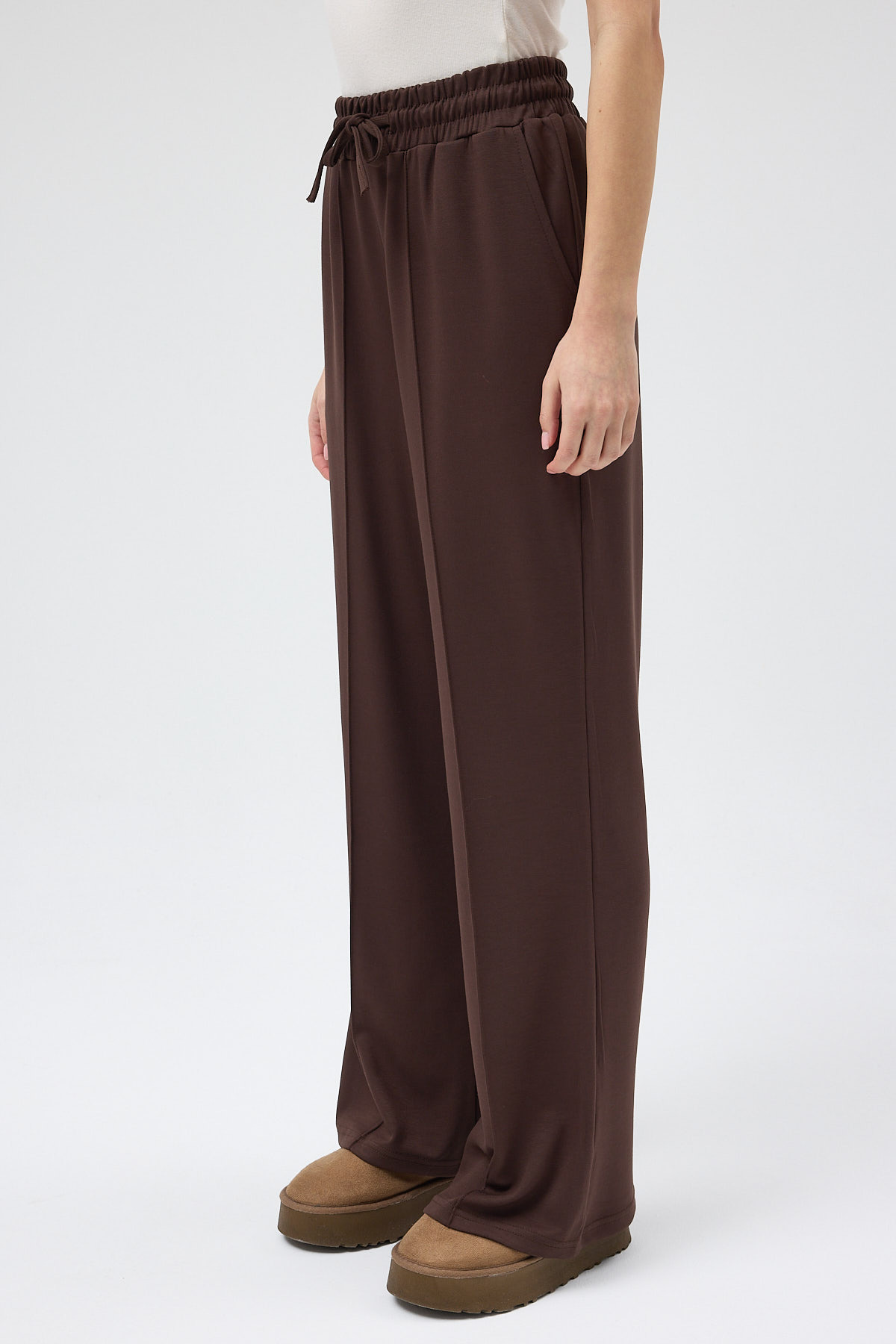 Kahverengi Bel Lastikli Geniş Paça Kadın Eşofman Altı 9218M - 3