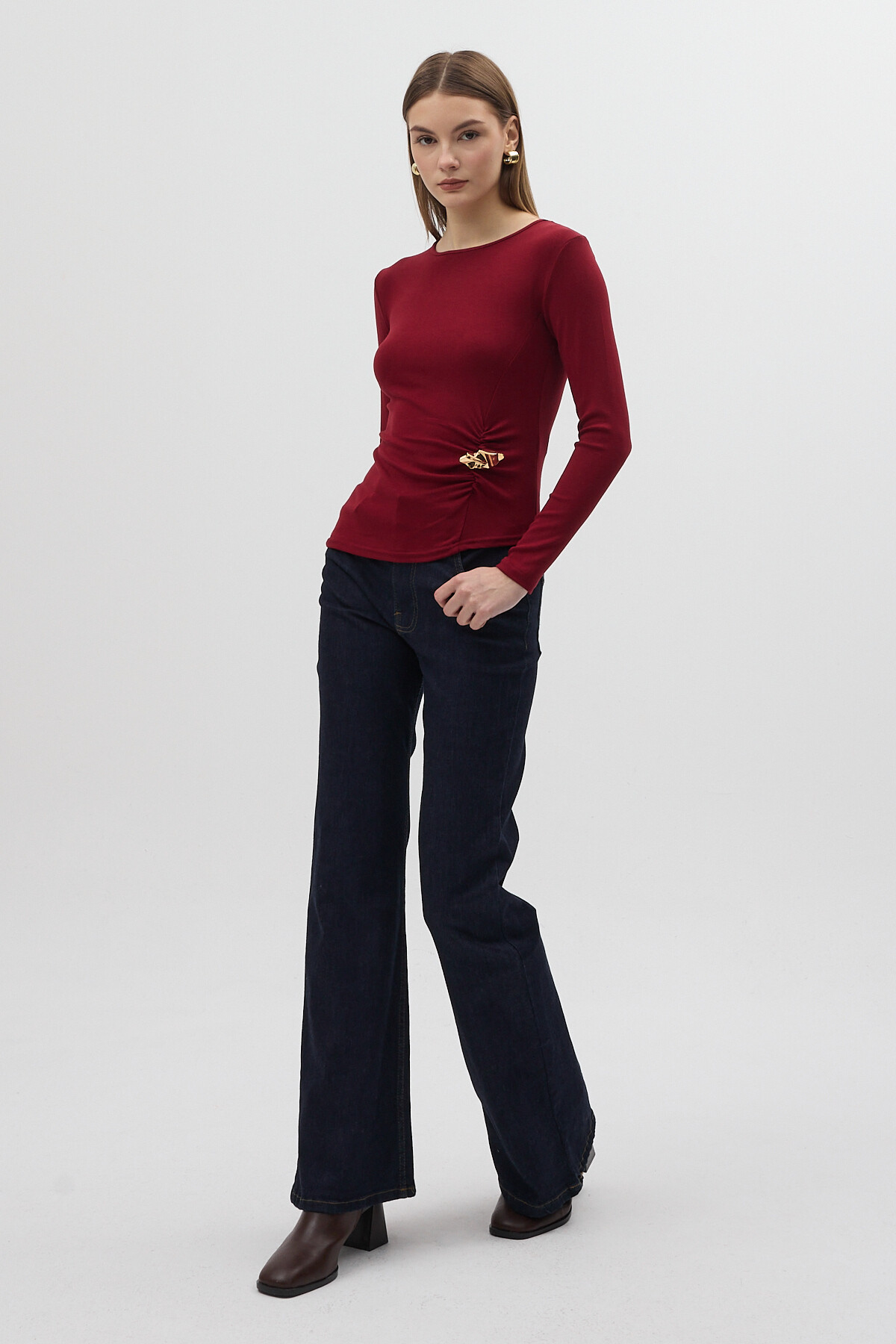 Bordo Bel Toka Detaylı Uzun Kollu Bluz 8221A - 3