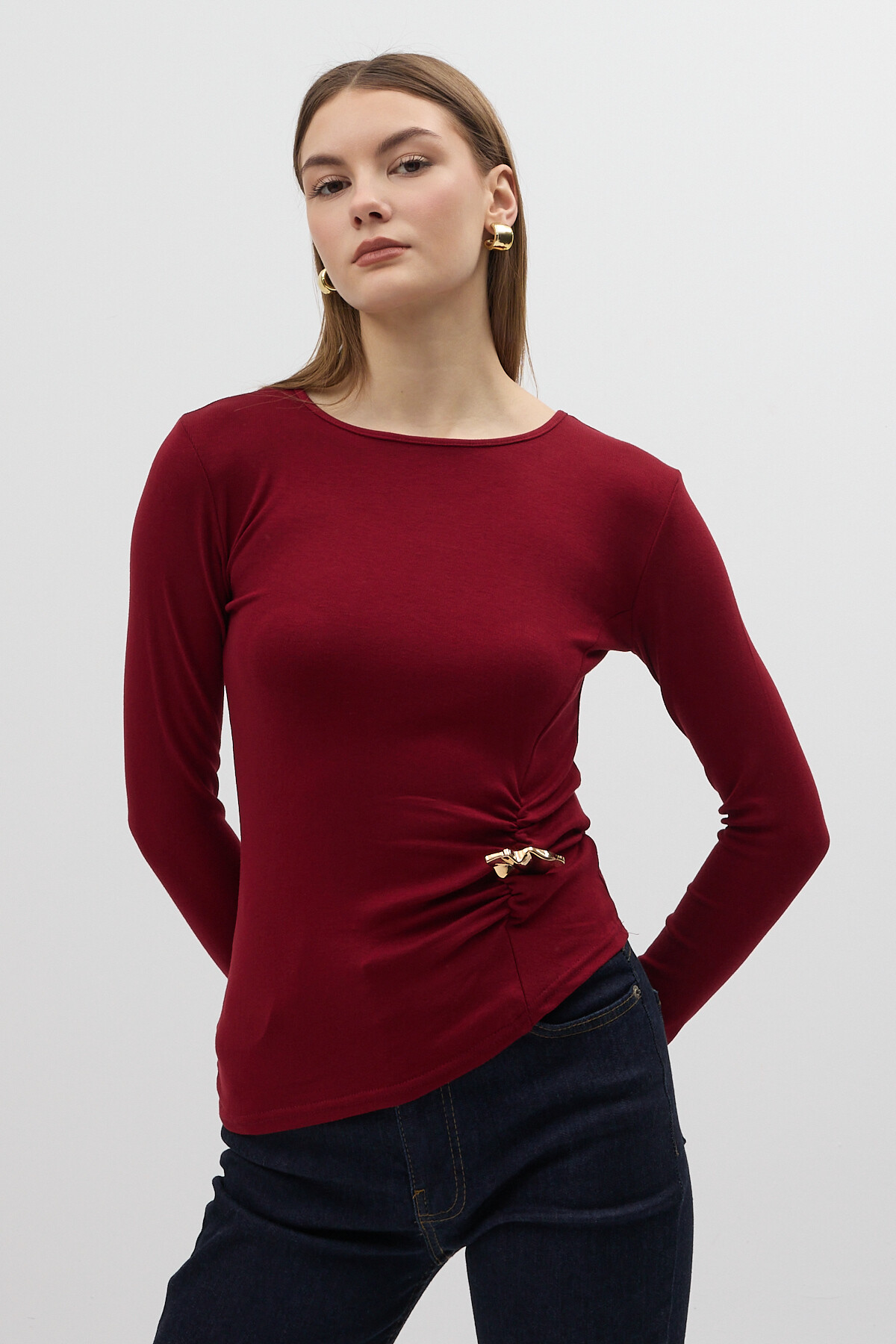 Bordo Bel Toka Detaylı Uzun Kollu Bluz 8221A 