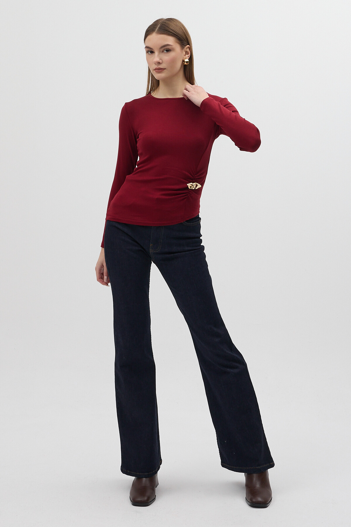 Bordo Bel Toka Detaylı Uzun Kollu Bluz 8221A - 2