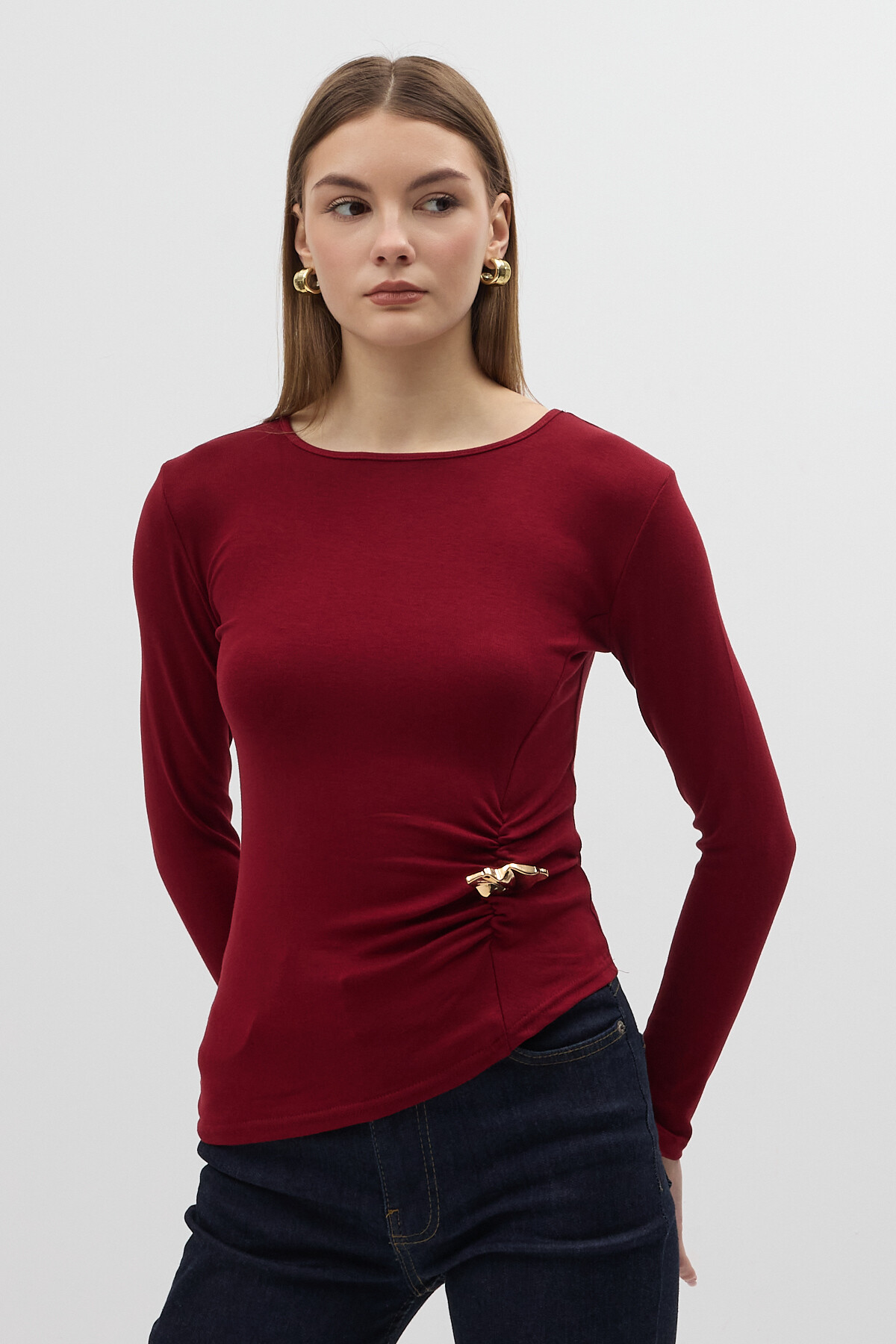 Bordo Bel Toka Detaylı Uzun Kollu Bluz 8221A - 6