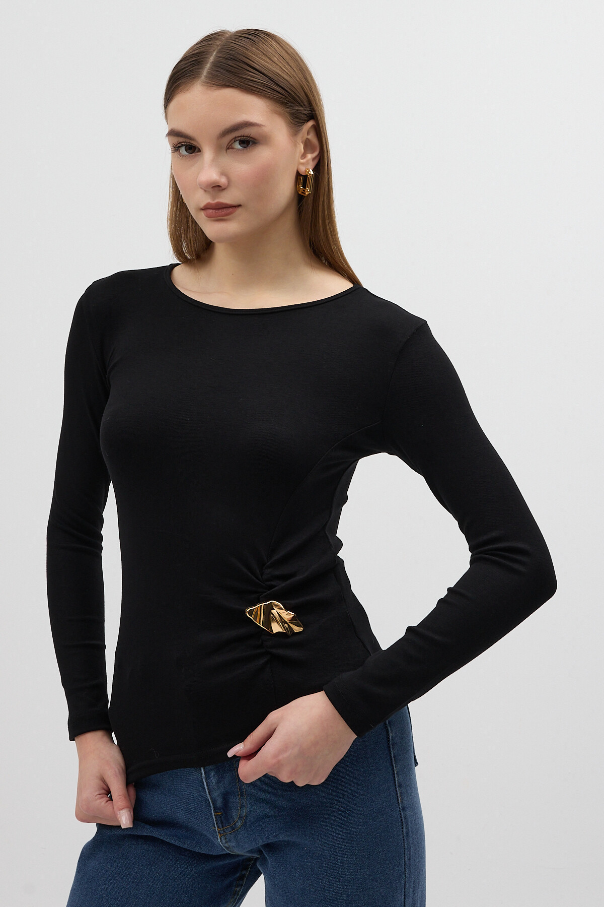 Siyah Bel Toka Detaylı Uzun Kollu Bluz 8221A 