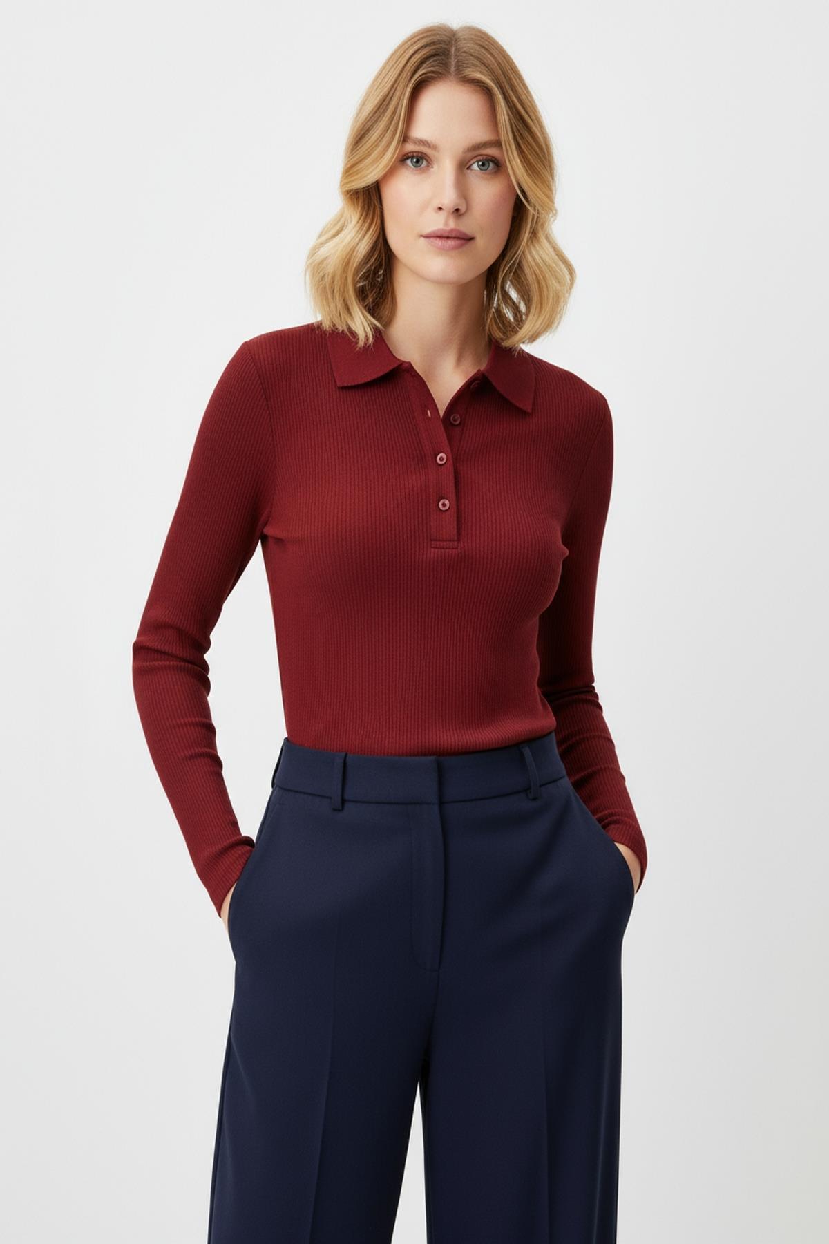 8222A Polo Yaka Uzun Kol Bluz Bordo - RAYS