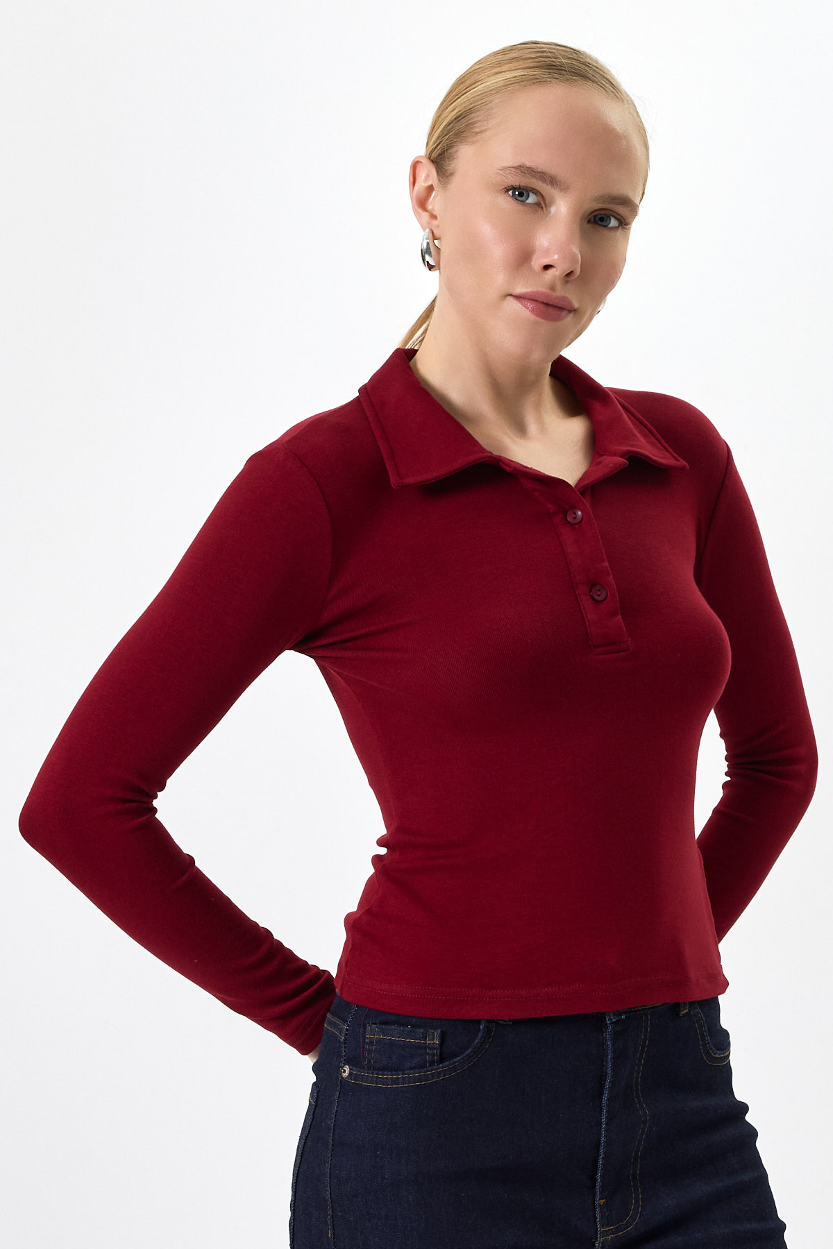 Pembe Polo Yaka Düğmeli Uzun Kollu Bluz 8222A - 2