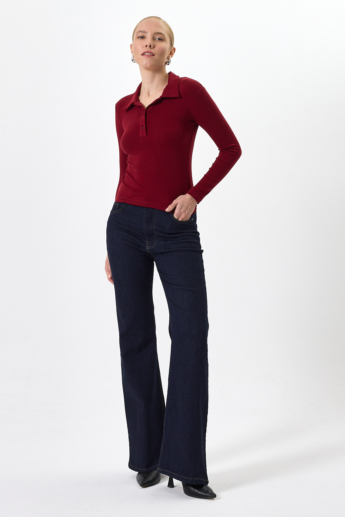 Pembe Polo Yaka Düğmeli Uzun Kollu Bluz 8222A - 7