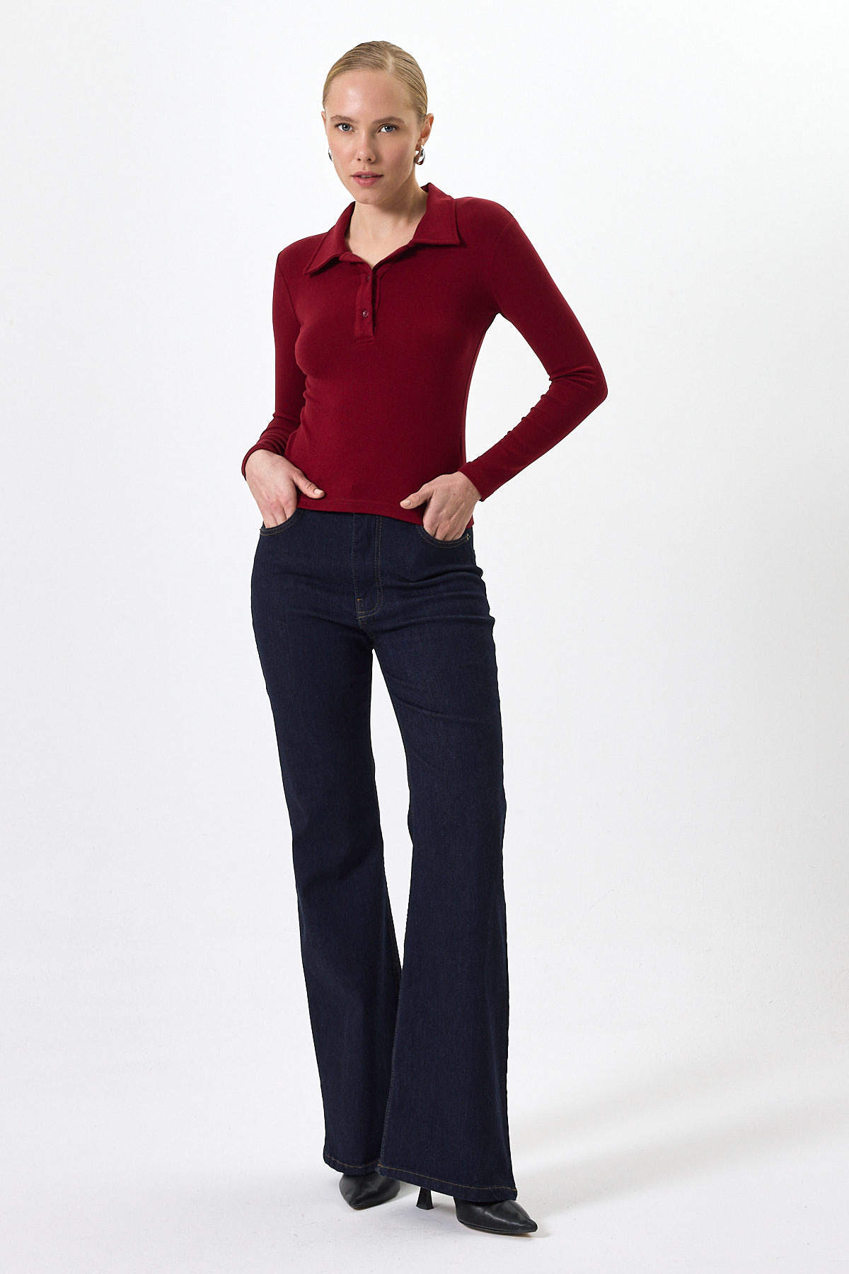 Pembe Polo Yaka Düğmeli Uzun Kollu Bluz 8222A - 3