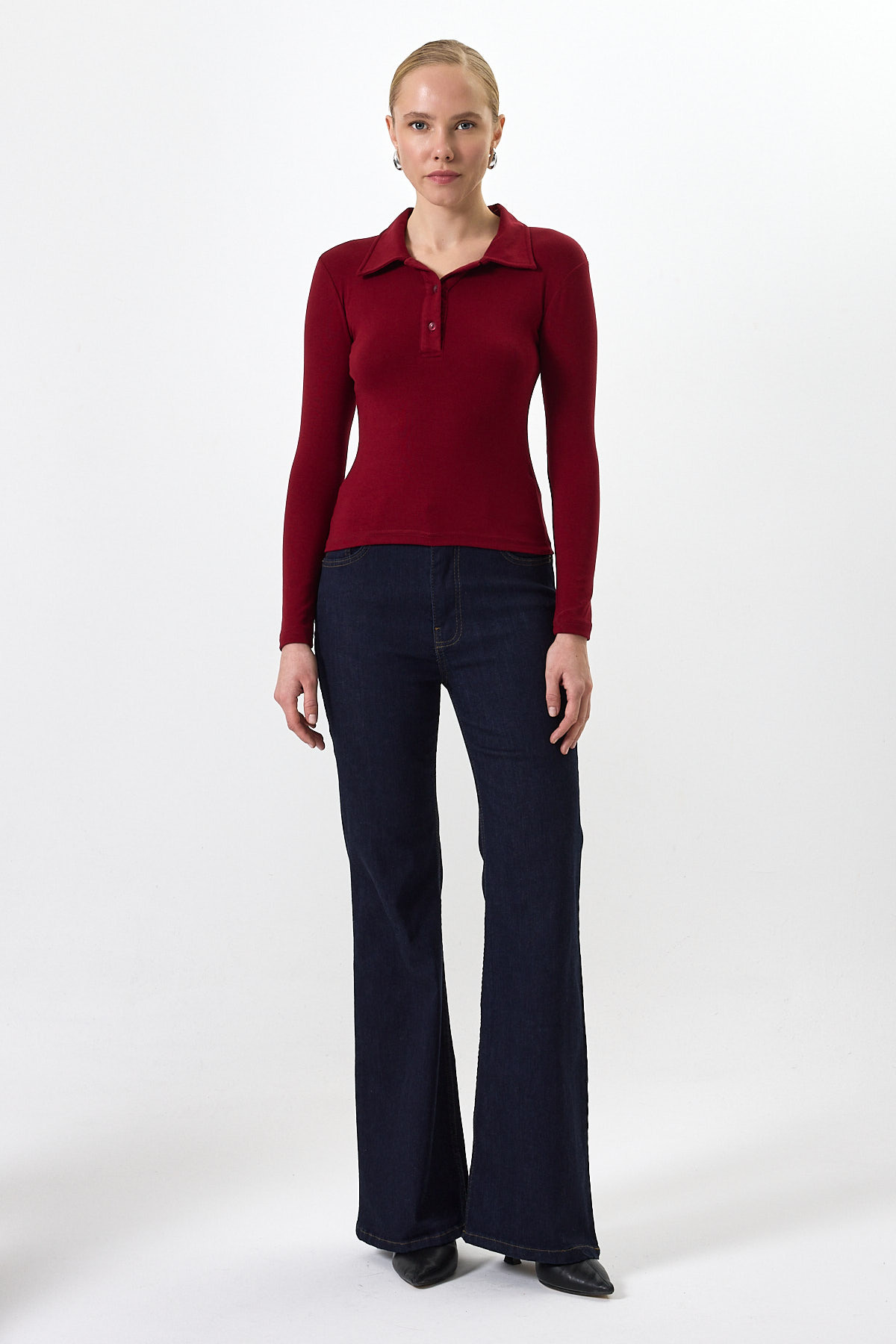 Pembe Polo Yaka Düğmeli Uzun Kollu Bluz 8222A - 6