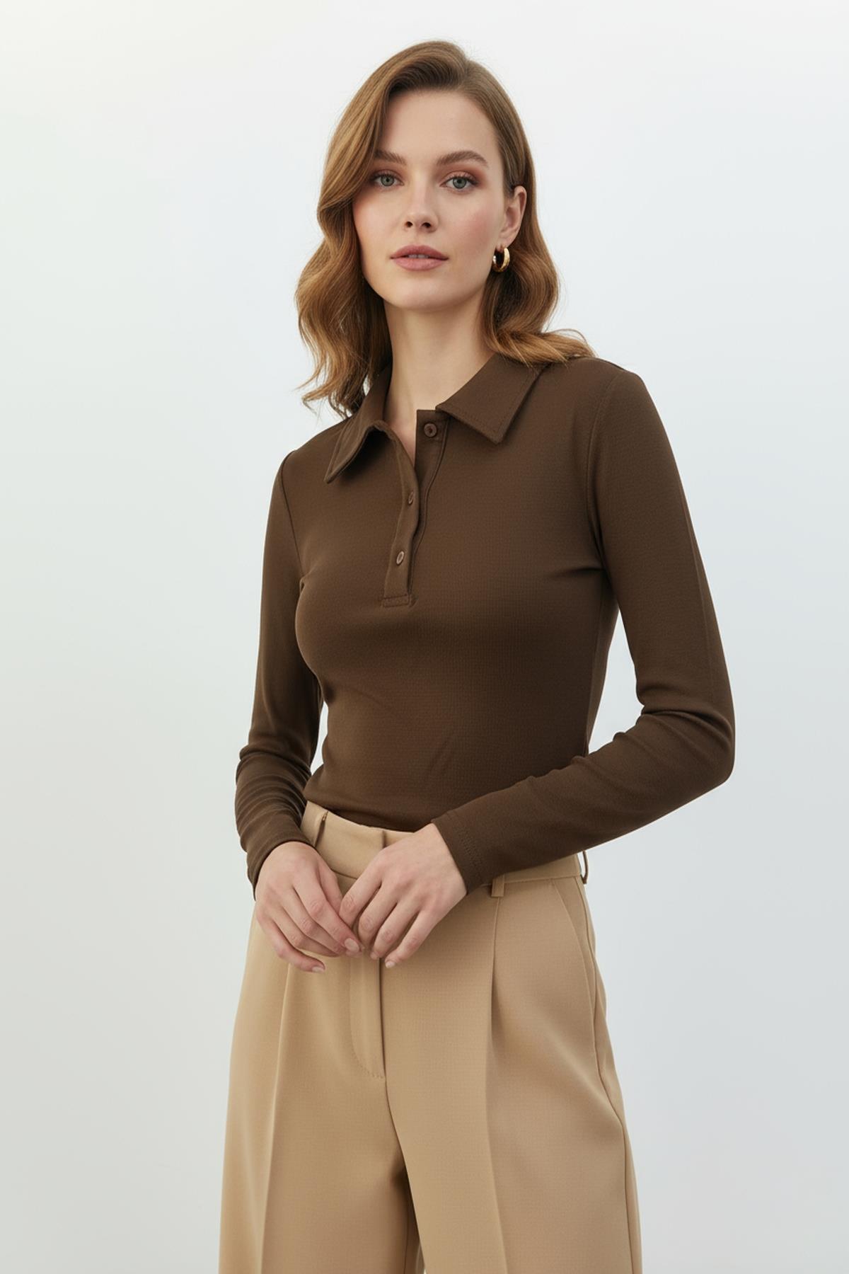 8222A Polo Yaka Uzun Kol Bluz Kahve 