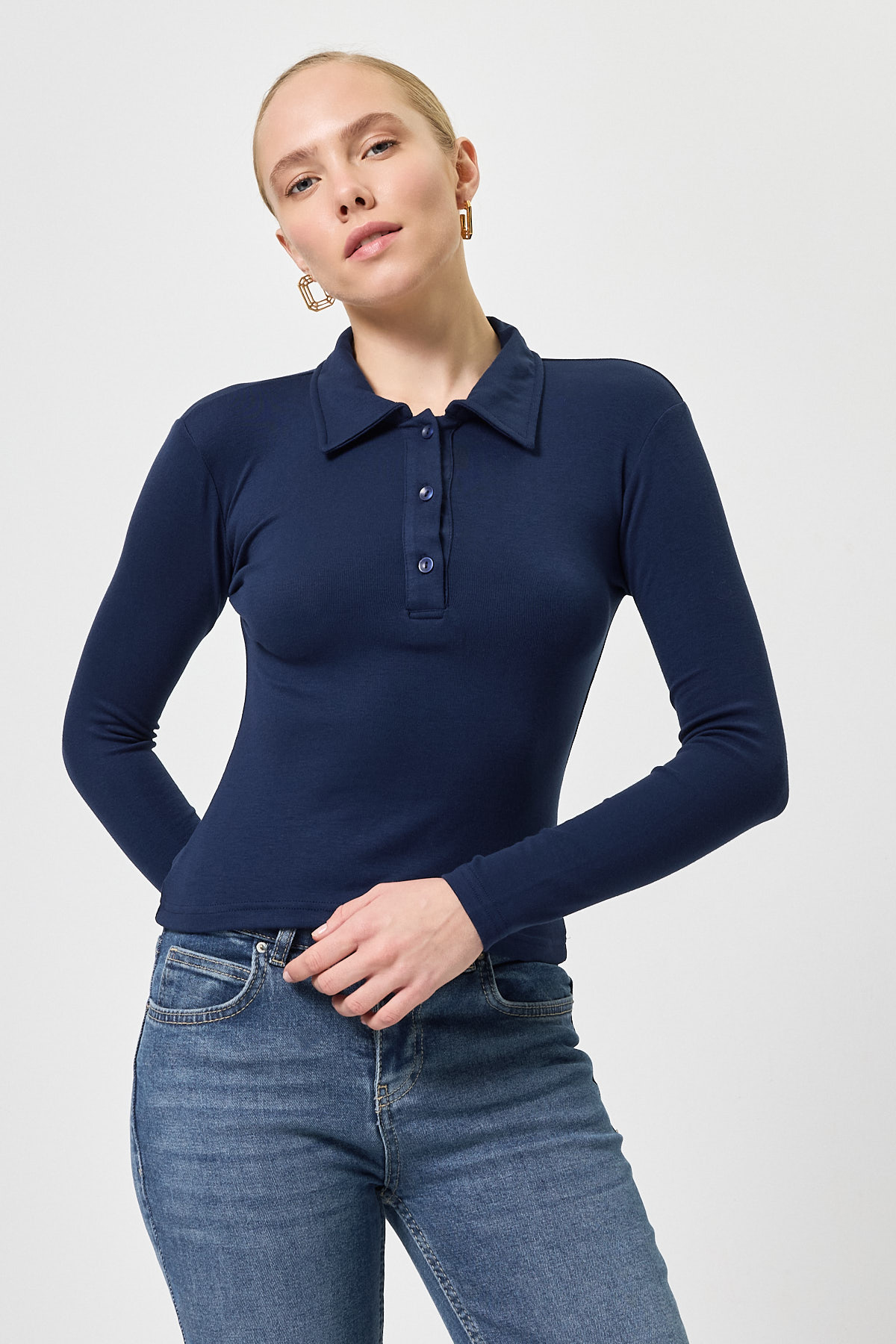 Lacivert Polo Yaka Düğmeli Uzun Kollu Bluz 8222A 