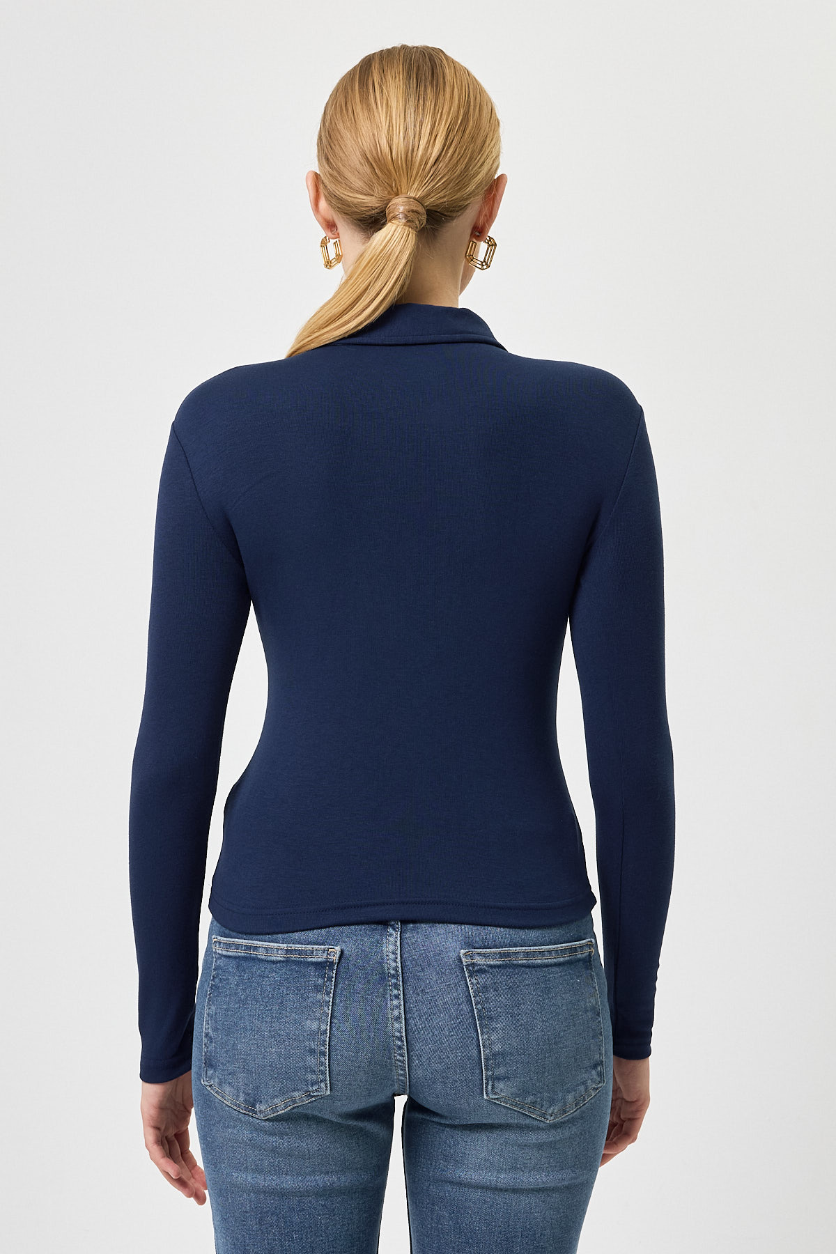 Lacivert Polo Yaka Düğmeli Uzun Kollu Bluz 8222A - 5