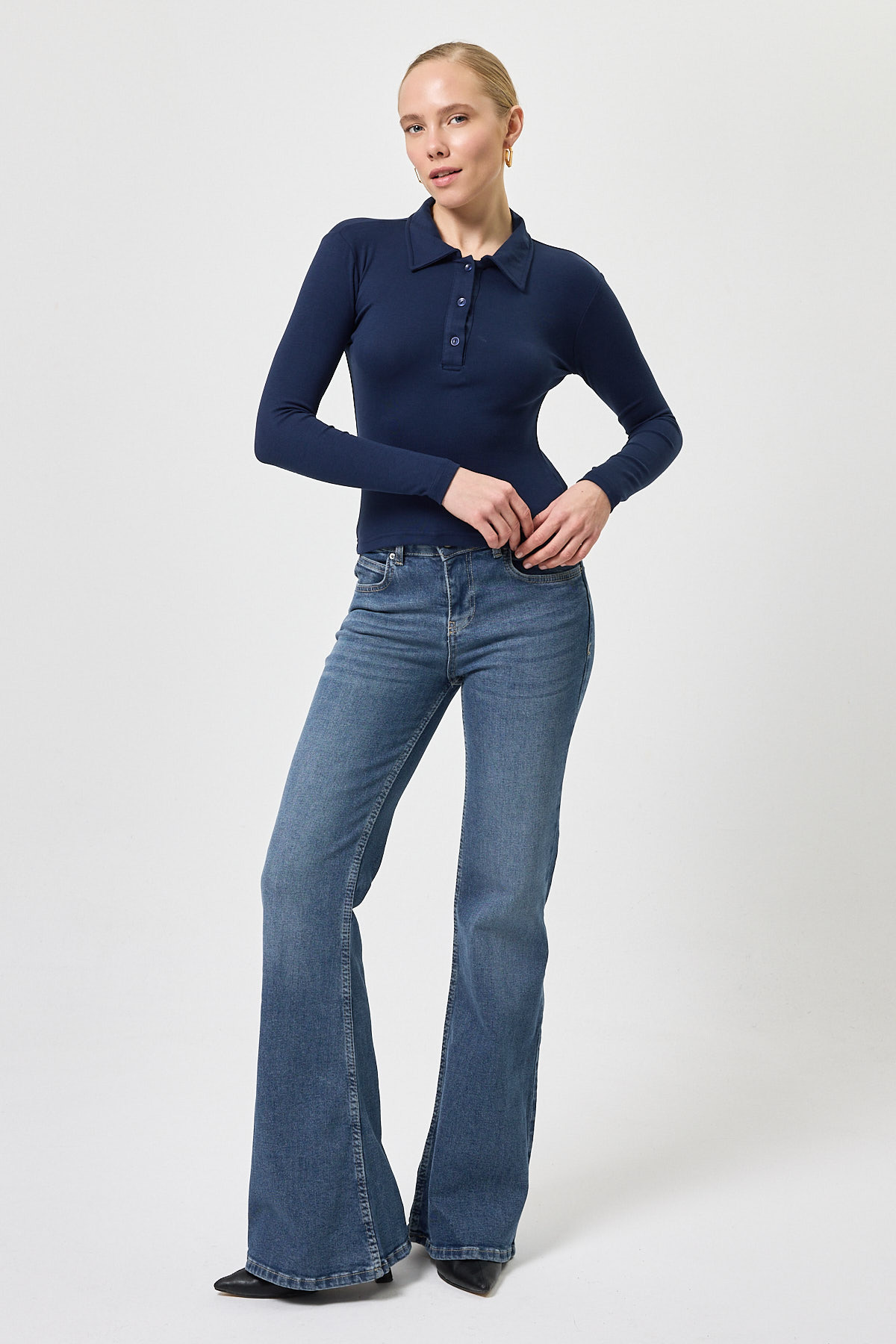 Lacivert Polo Yaka Düğmeli Uzun Kollu Bluz 8222A - 6