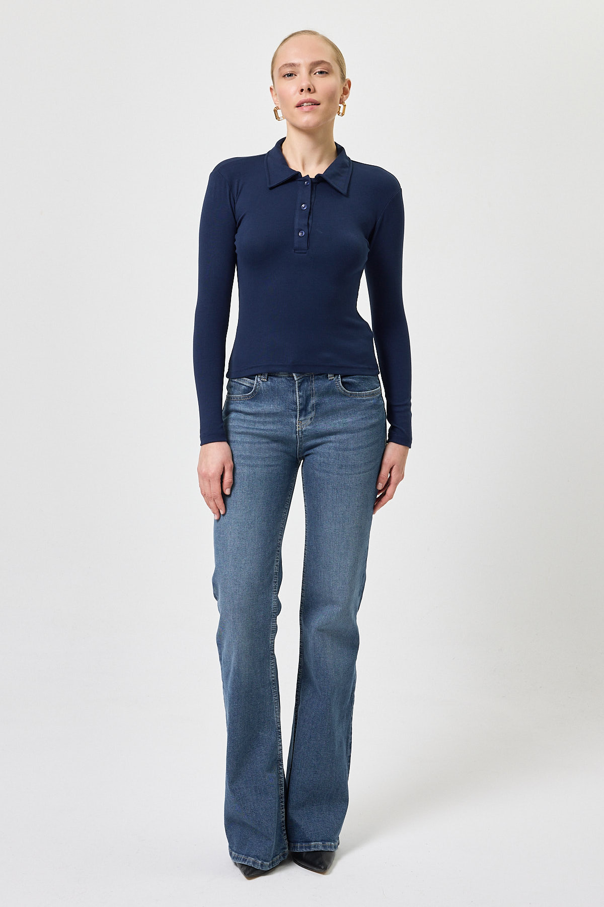 Lacivert Polo Yaka Düğmeli Uzun Kollu Bluz 8222A - 7