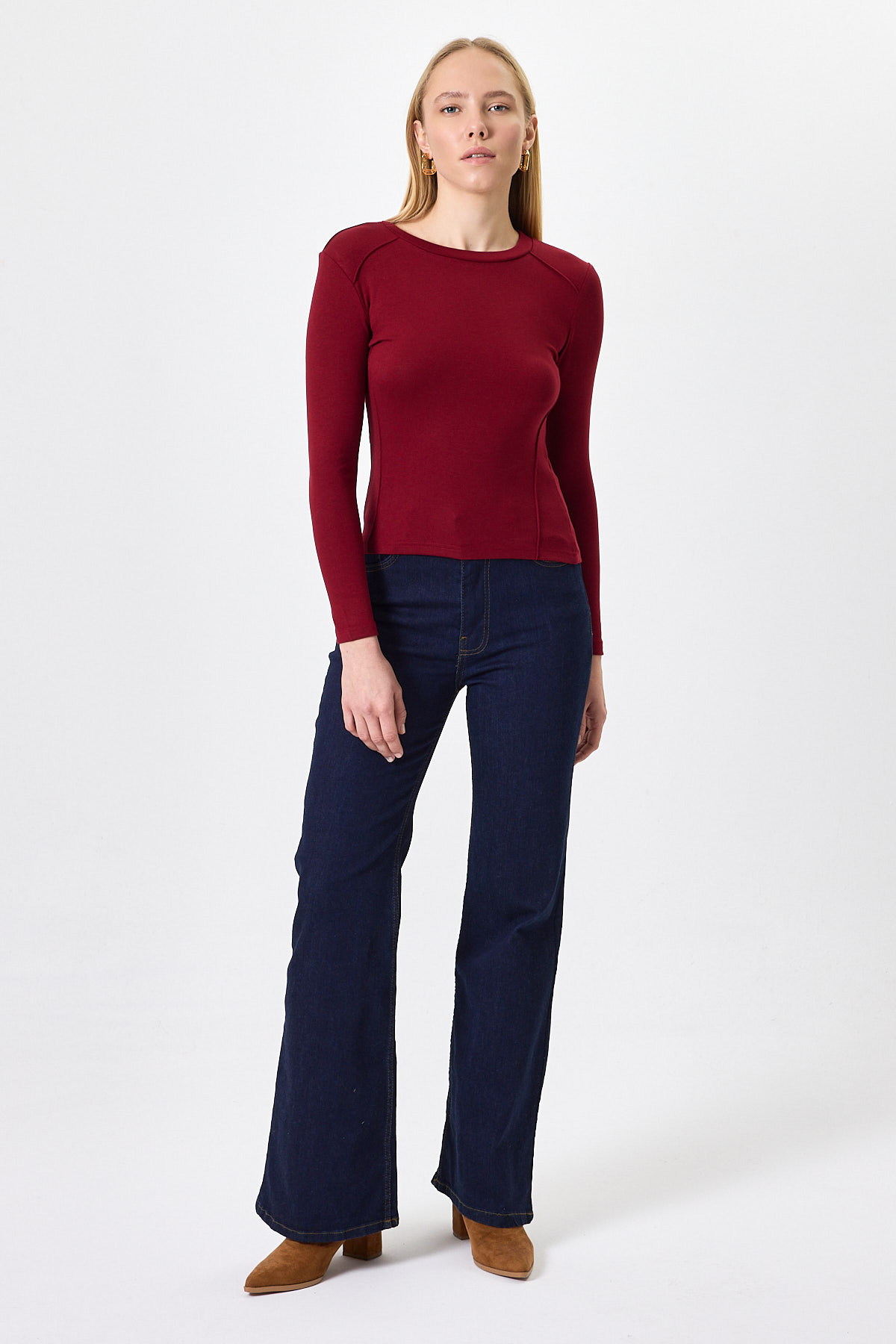 Bordo Uzun Kollu Bisiklet Yaka Dikiş Detaylı Kadın Body 8223A - RAYS