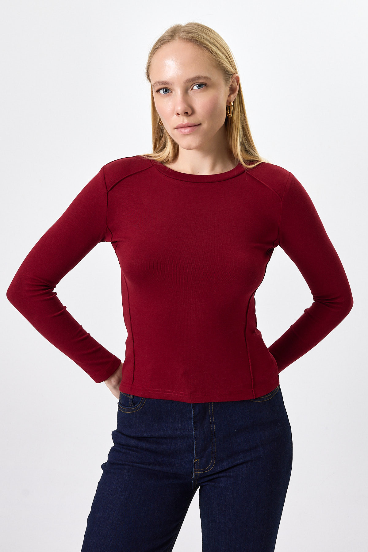 Bordo Uzun Kollu Bisiklet Yaka Dikiş Detaylı Kadın Body 8223A - 6