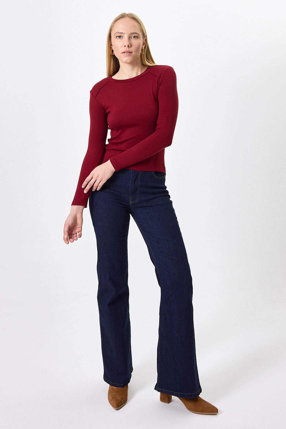 Bordo Uzun Kollu Bisiklet Yaka Dikiş Detaylı Kadın Body 8223A - 7