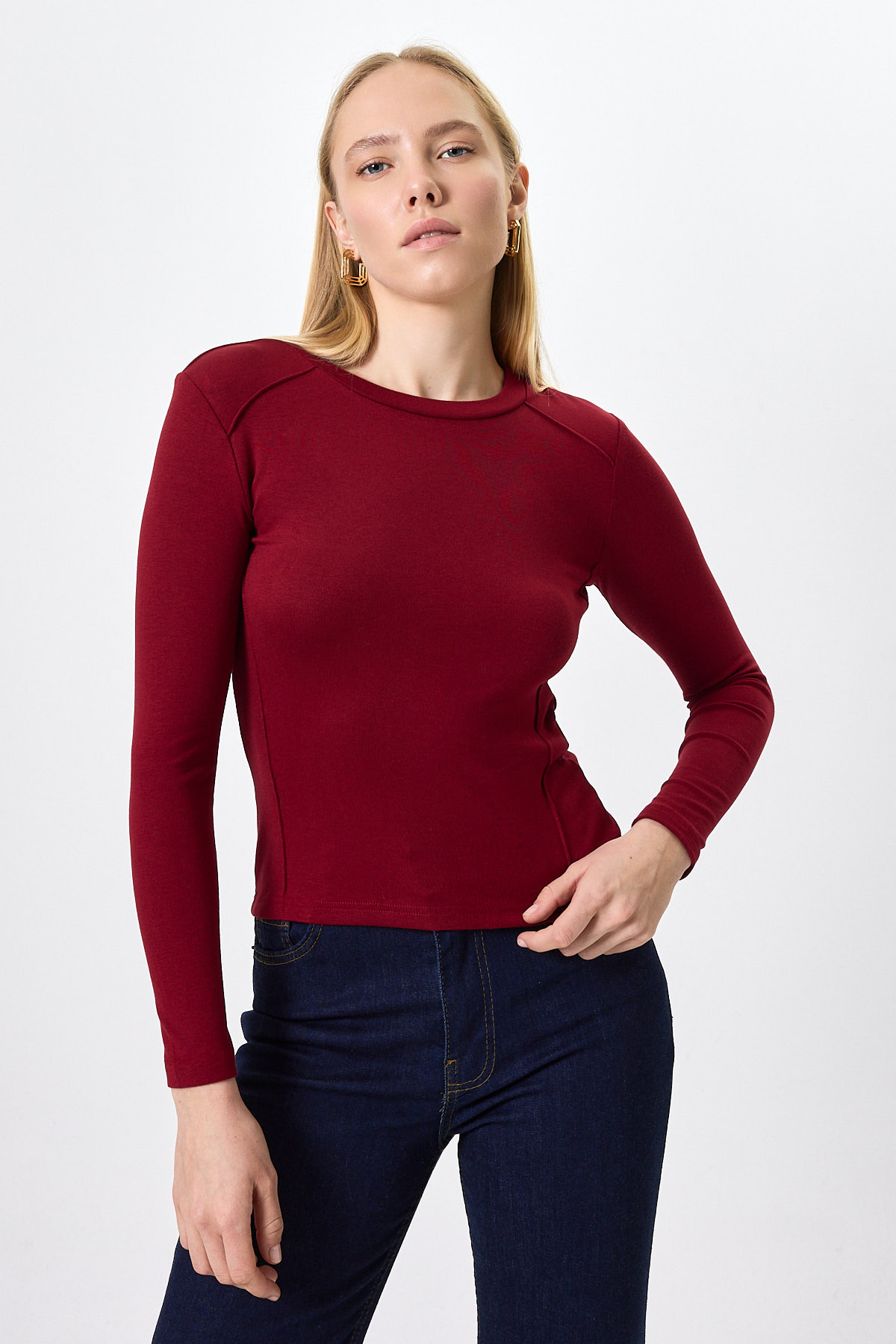 Bordo Uzun Kollu Bisiklet Yaka Dikiş Detaylı Kadın Body 8223A - 1