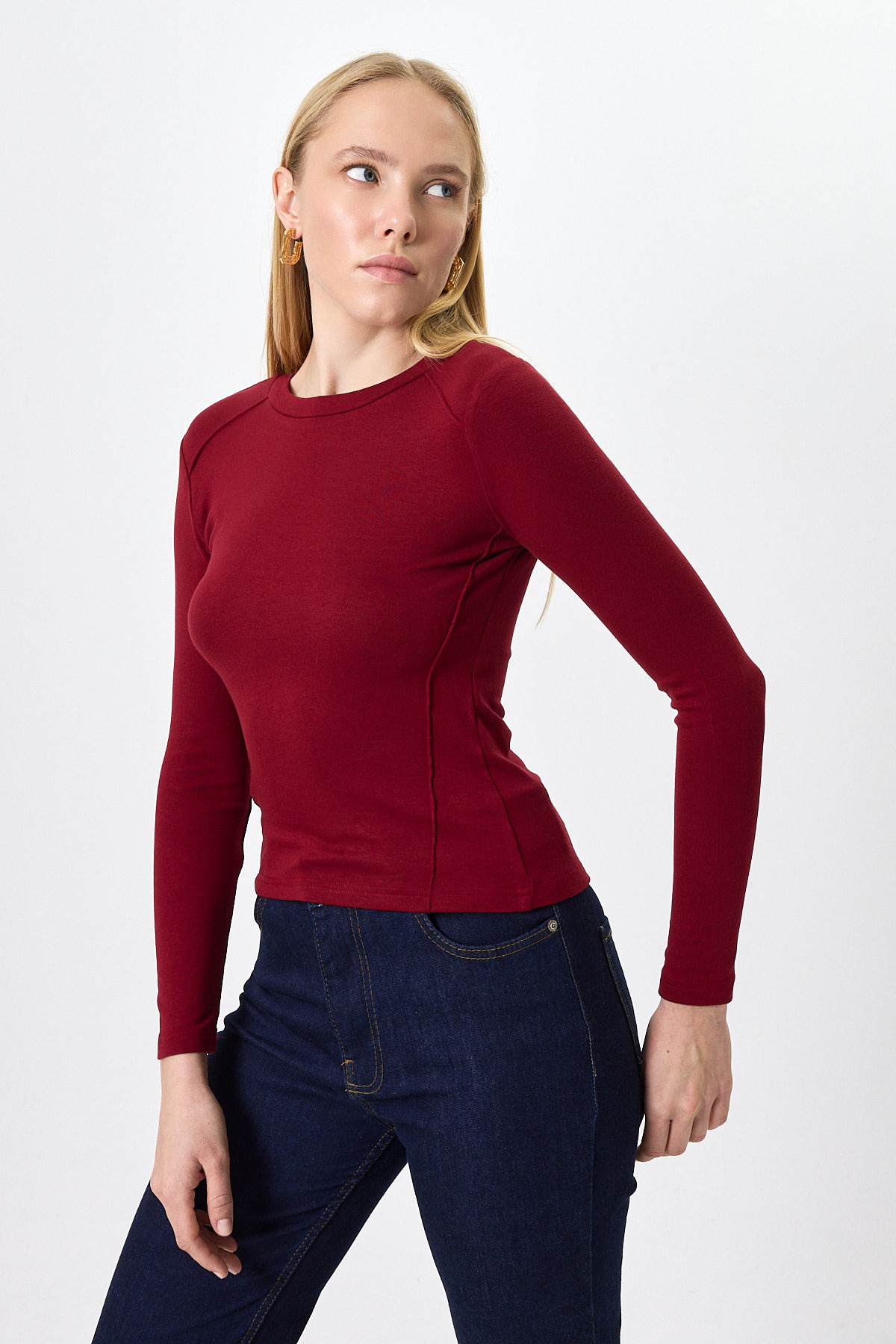 Bordo Uzun Kollu Bisiklet Yaka Dikiş Detaylı Kadın Body 8223A - 2
