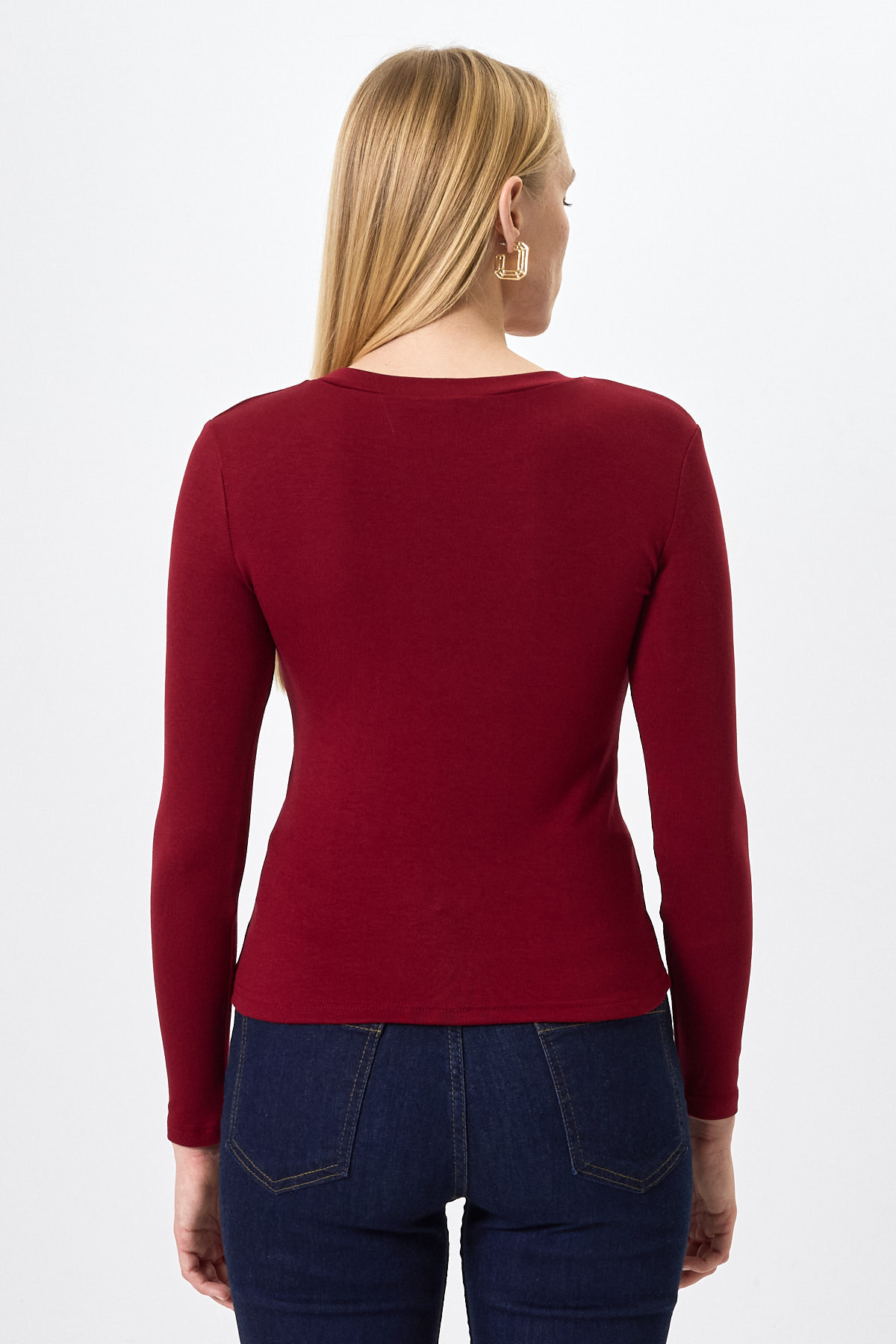 Bordo Uzun Kollu Bisiklet Yaka Dikiş Detaylı Kadın Body 8223A - 5