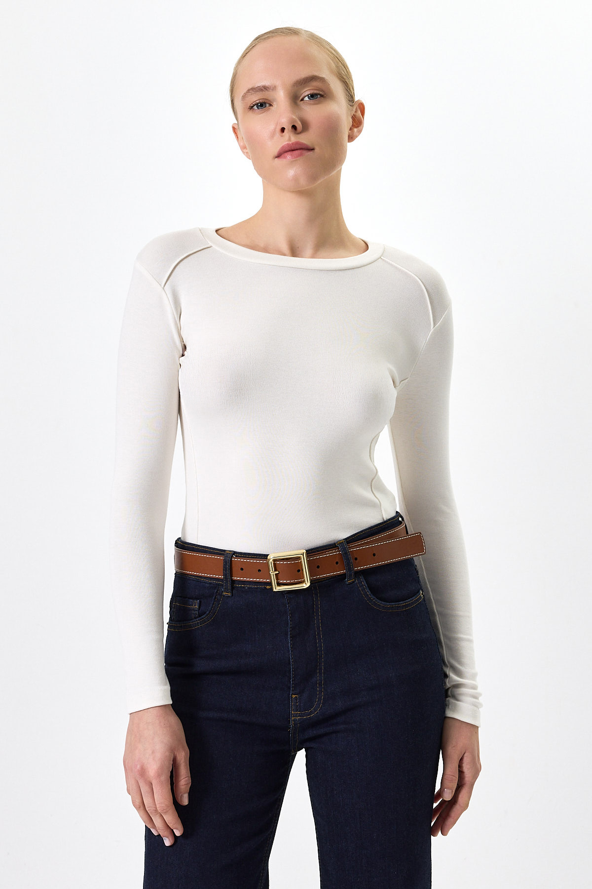 Ekru Uzun Kollu Bisiklet Yaka Dikiş Detaylı Kadın Body 8223A - RAYS