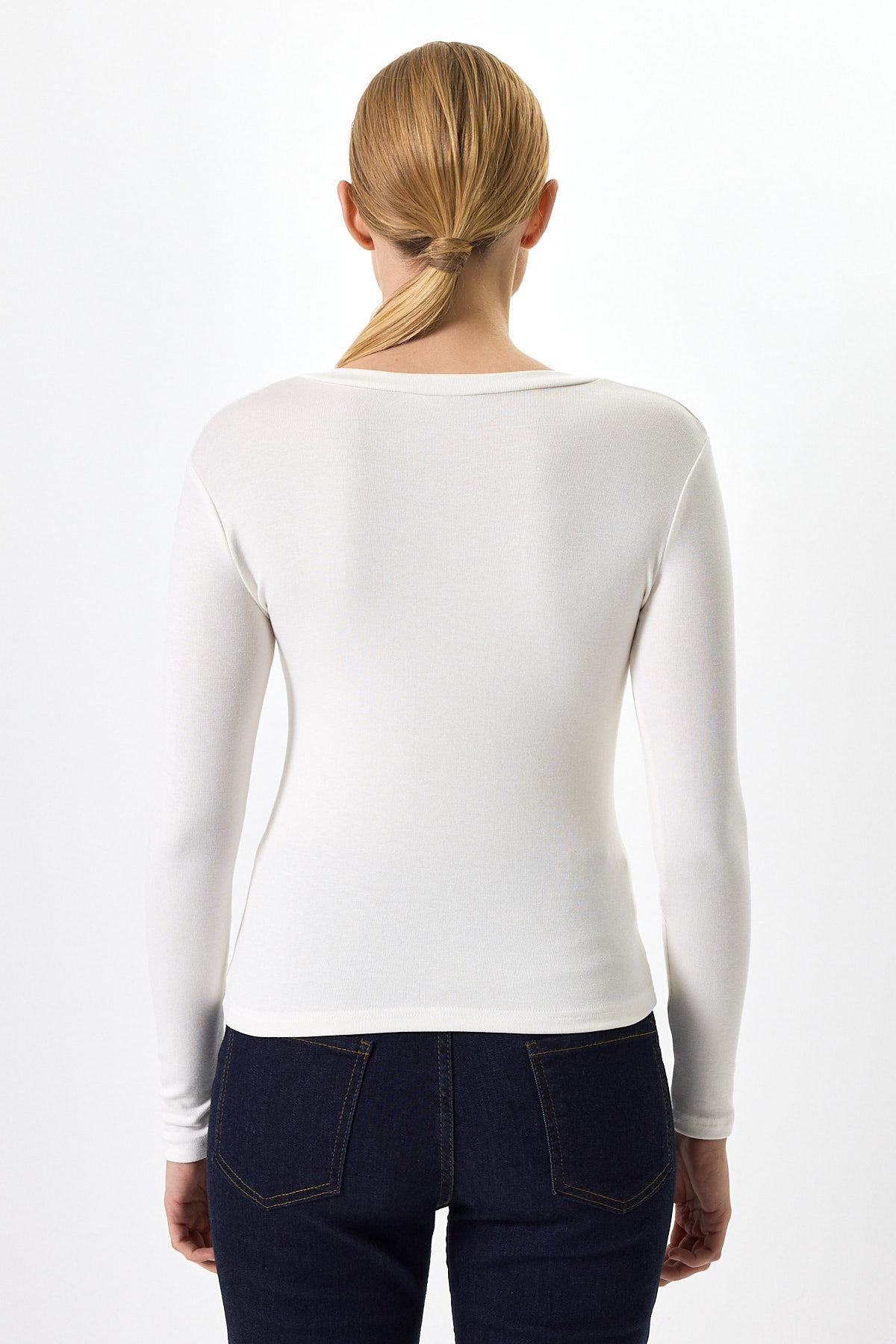 Ekru Uzun Kollu Bisiklet Yaka Dikiş Detaylı Kadın Body 8223A - 5