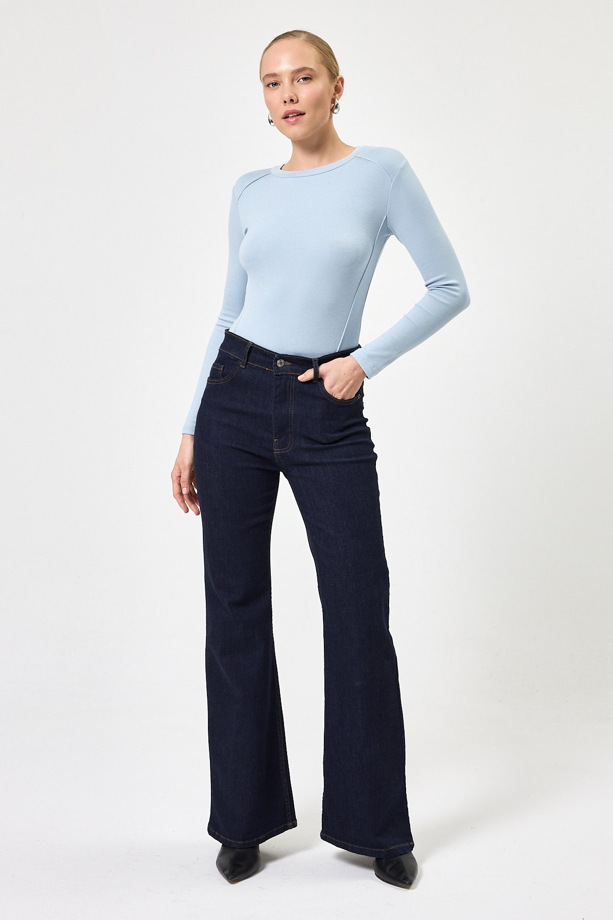 Mavi Uzun Kollu Bisiklet Yaka Dikiş Detaylı Kadın Body 8223A - 3