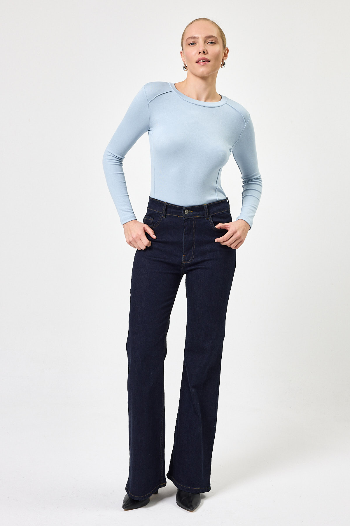 Mavi Uzun Kollu Bisiklet Yaka Dikiş Detaylı Kadın Body 8223A - 6