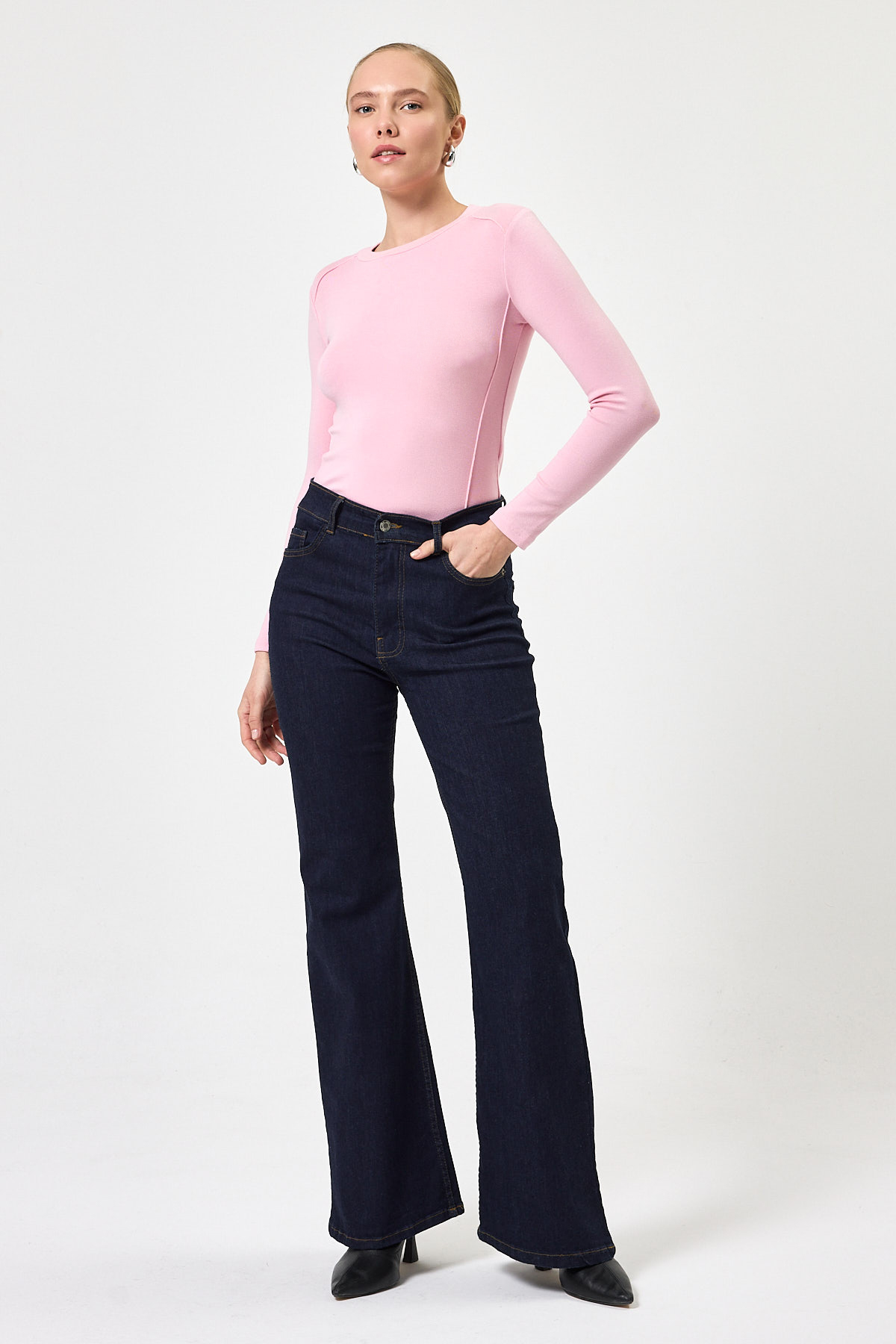 Pembe Uzun Kollu Bisiklet Yaka Dikiş Detaylı Kadın Body 8223A - 3