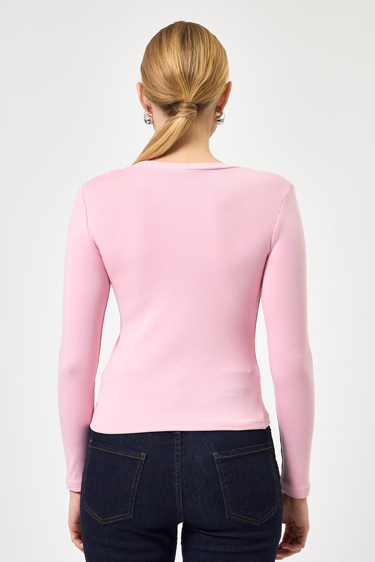 Pembe Uzun Kollu Bisiklet Yaka Dikiş Detaylı Kadın Body 8223A - 5