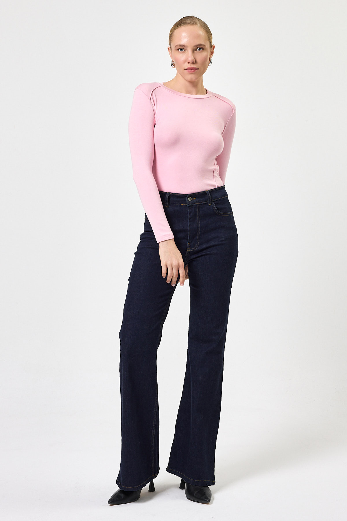 Pembe Uzun Kollu Bisiklet Yaka Dikiş Detaylı Kadın Body 8223A - 7