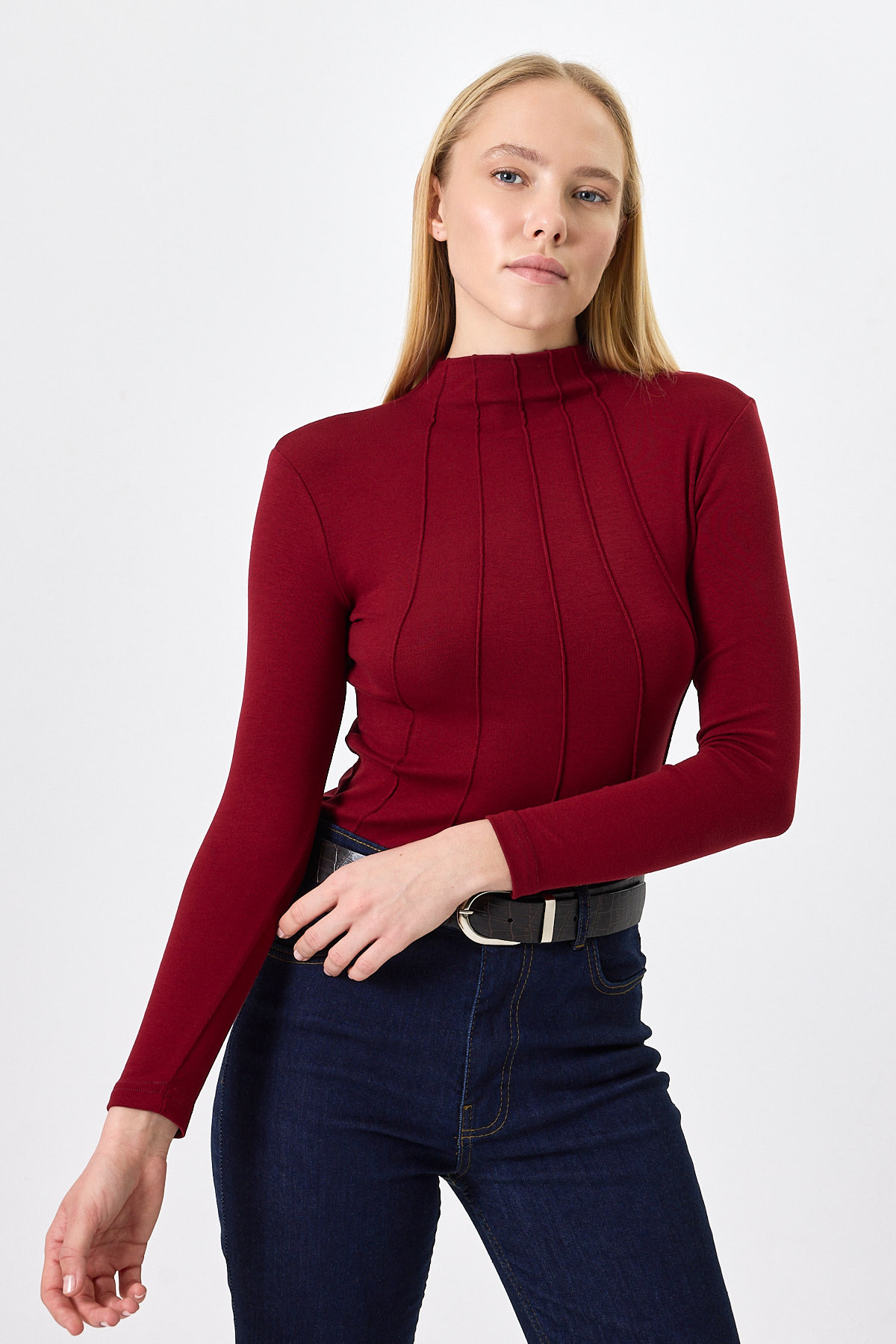 Bordo Uzun Kollu Yarım Balıkçı Yaka Dikiş Detaylı Kadın Body 8225A - RAYS