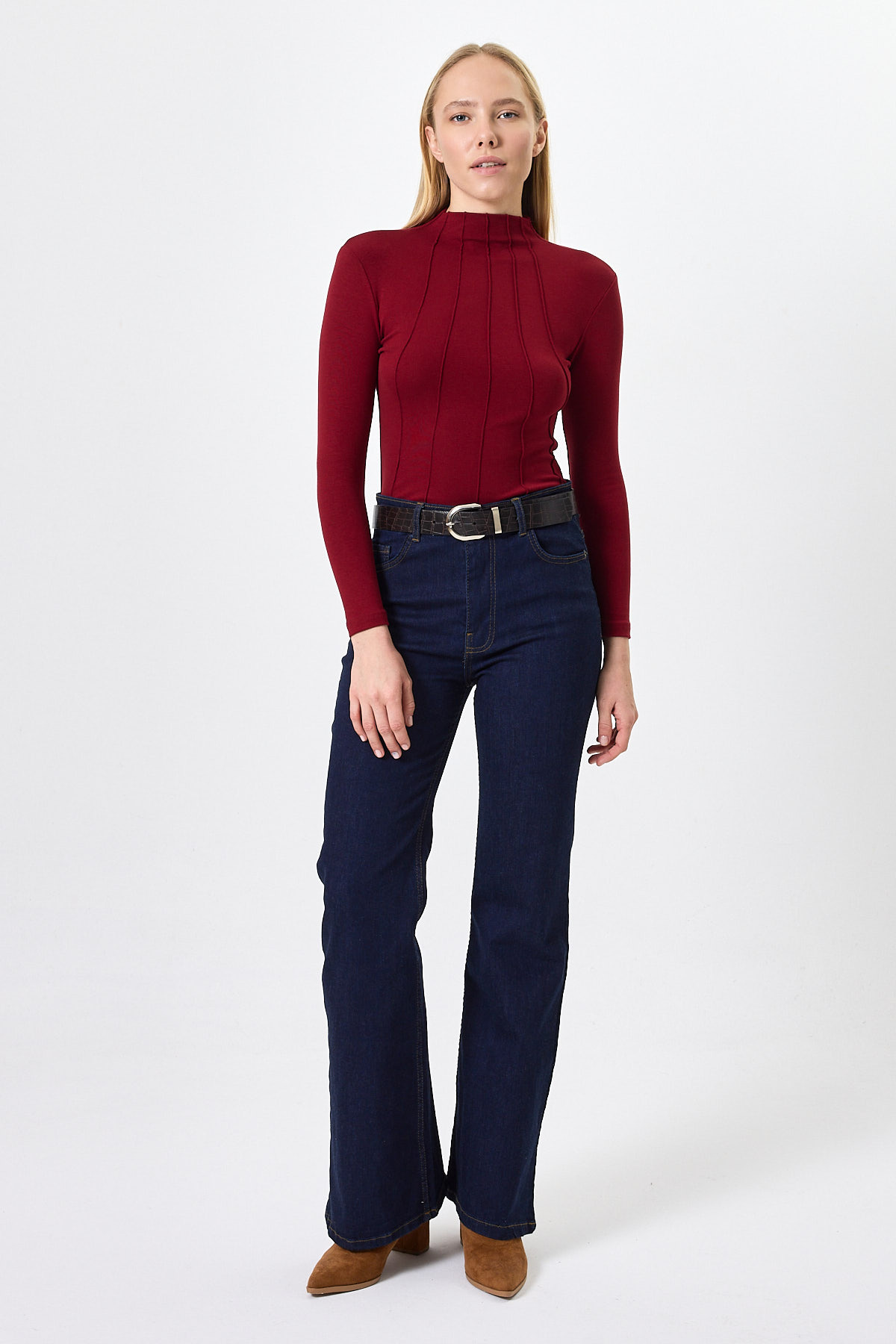 Bordo Uzun Kollu Yarım Balıkçı Yaka Dikiş Detaylı Kadın Body 8225A - 7