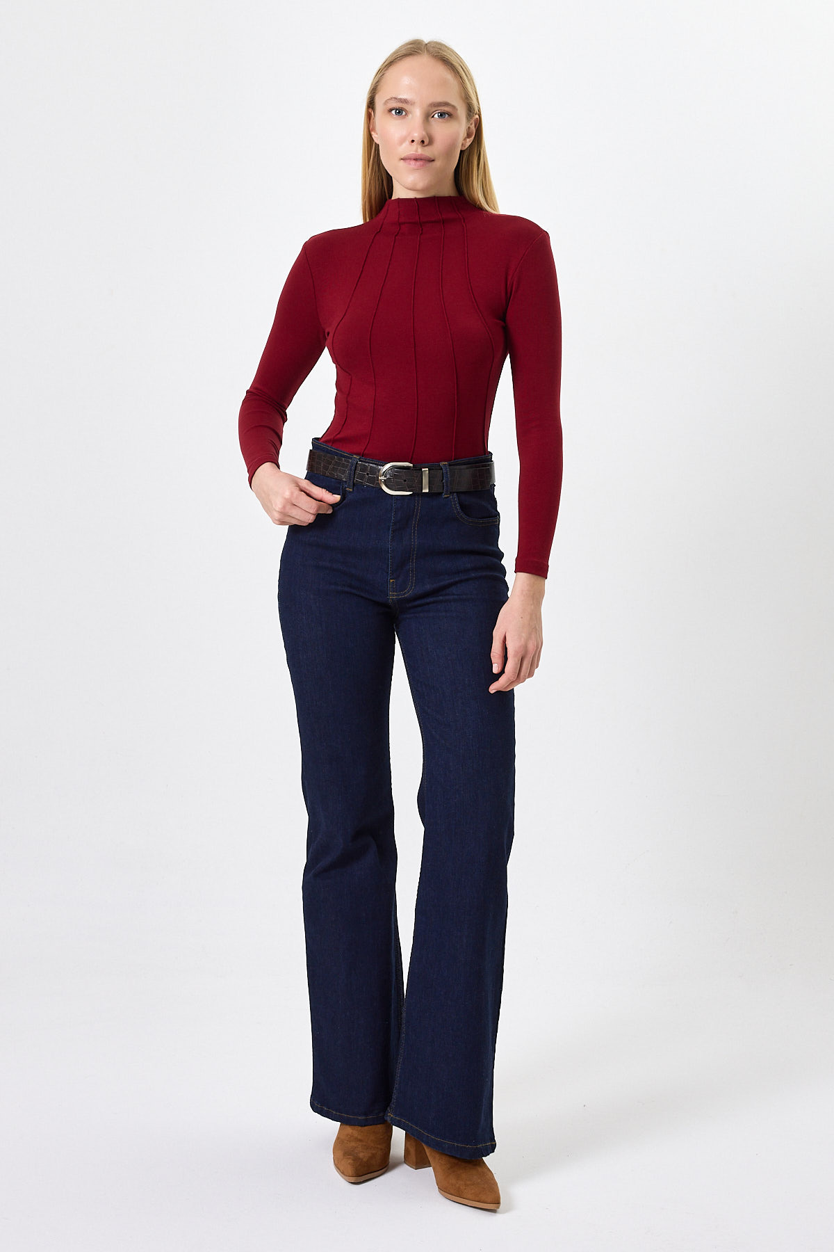 Bordo Uzun Kollu Yarım Balıkçı Yaka Dikiş Detaylı Kadın Body 8225A - 3