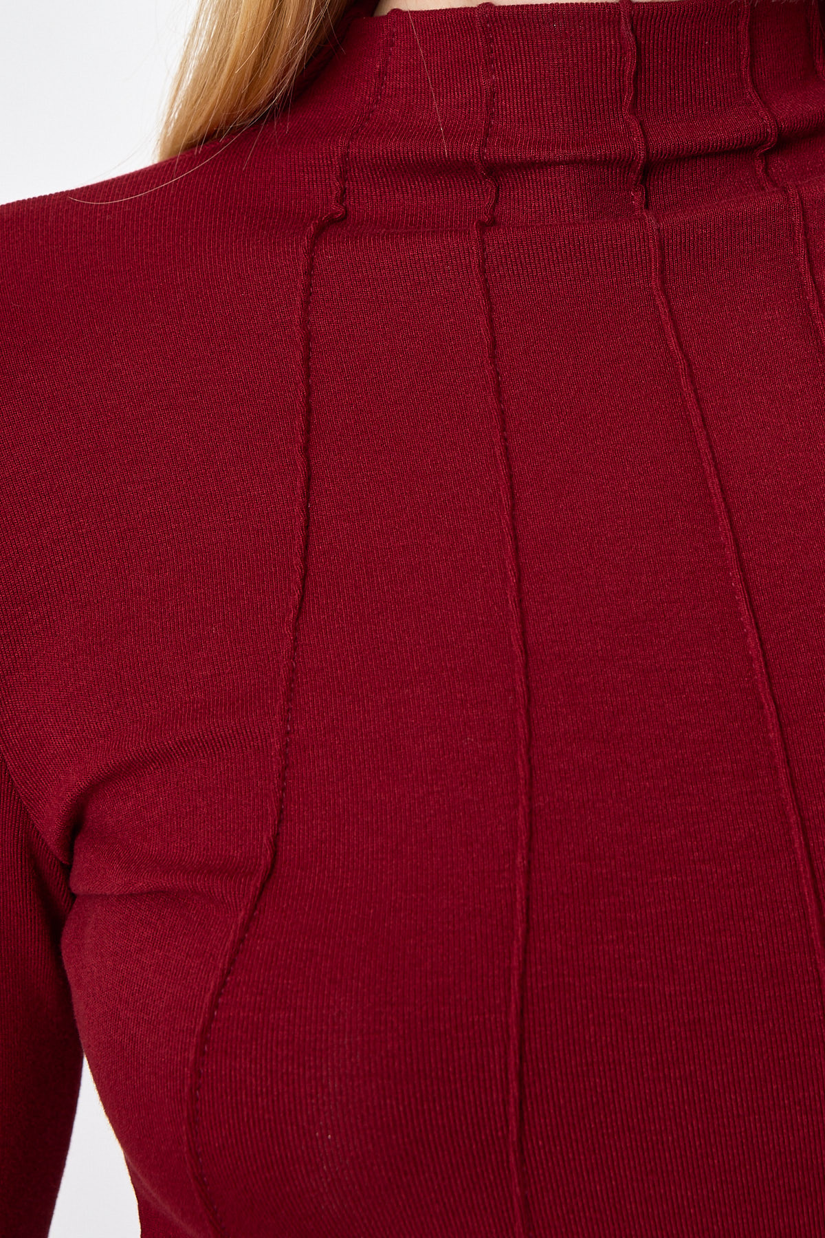 Bordo Uzun Kollu Yarım Balıkçı Yaka Dikiş Detaylı Kadın Body 8225A - 4